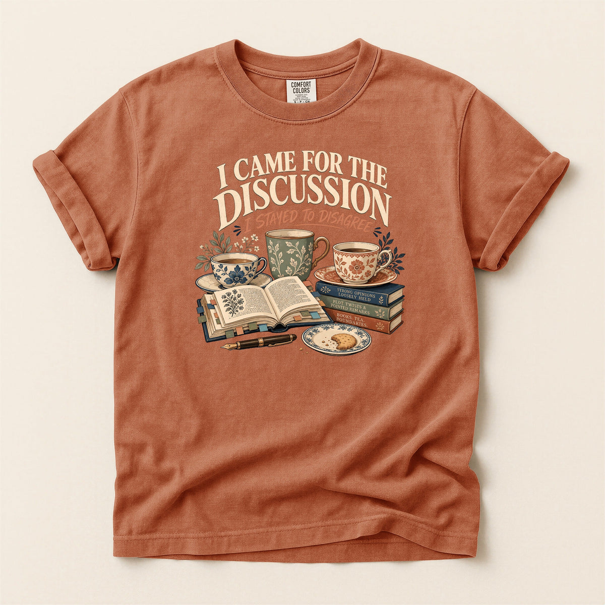Shelf Love Studio I Came for the Discussion t-shirt in Yam, flat