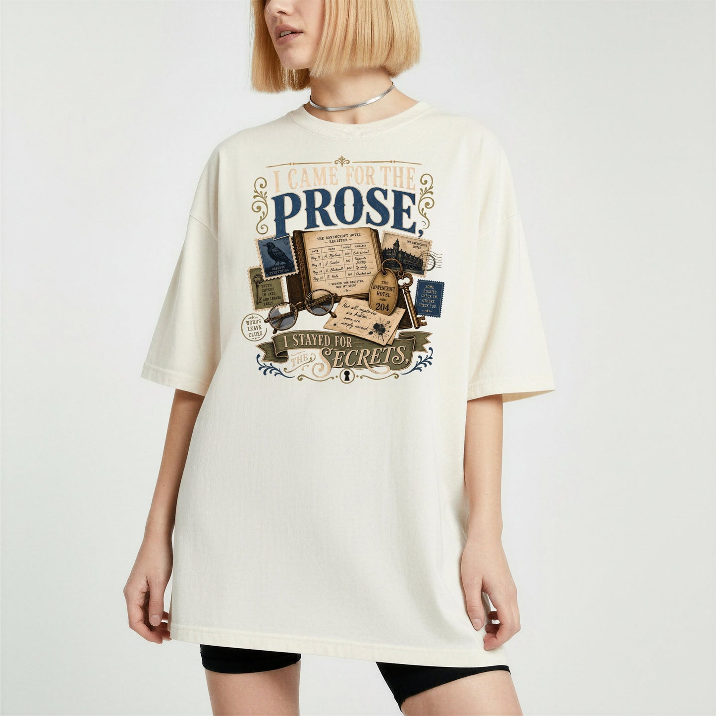 I Came for the Prose bookish tee in Ivory, worn
