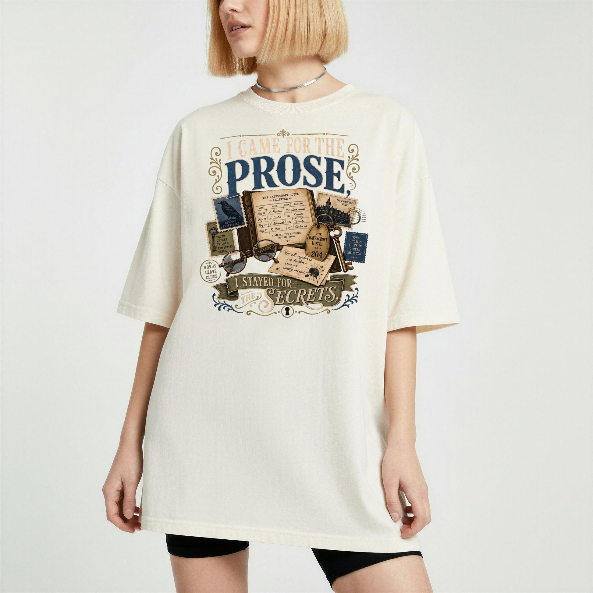 I Came for the Prose bookish tee in Ivory, worn