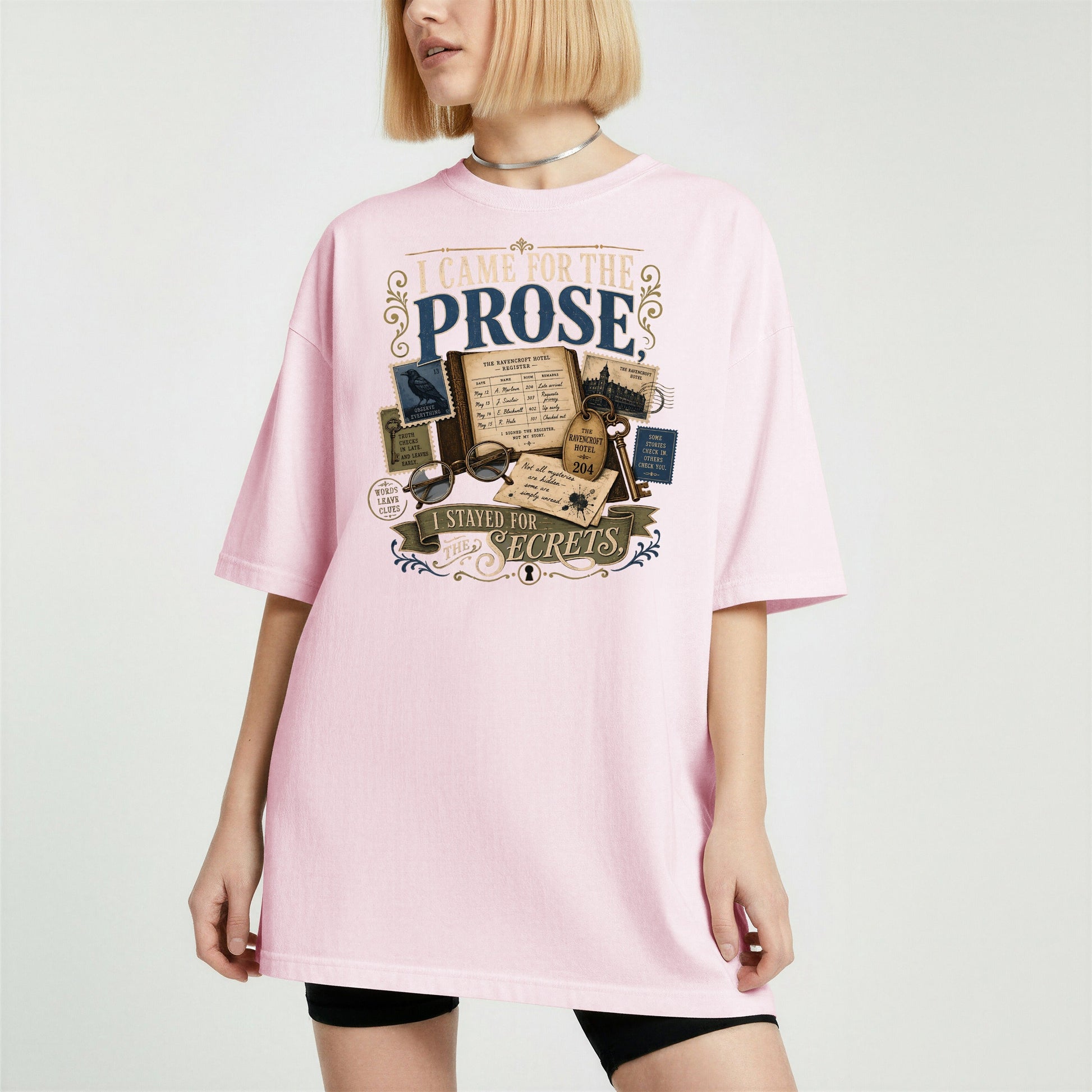 I Came for the Prose bookish tee in Blossom, worn