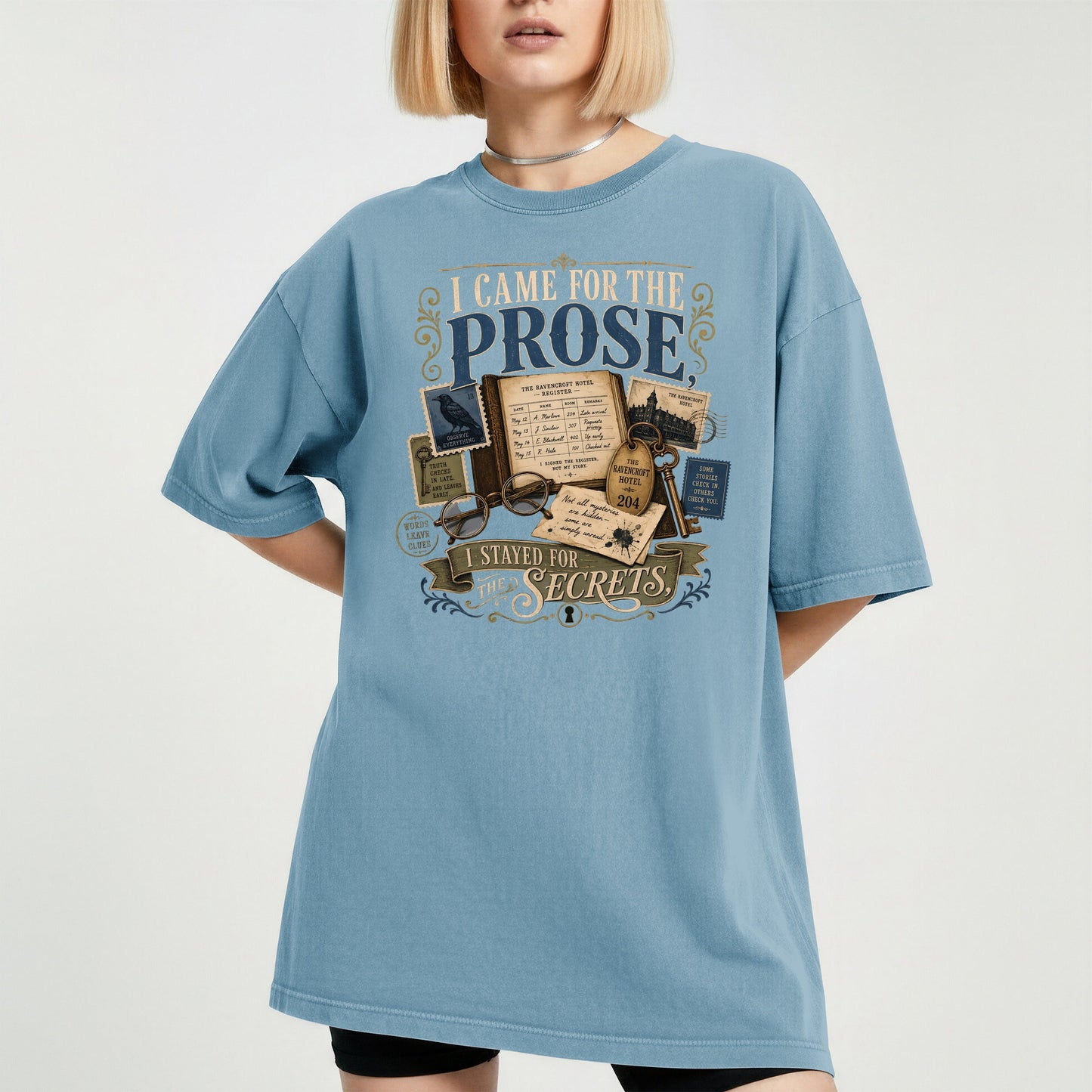 I Came for the Prose bookish tee in Ice Blue, worn