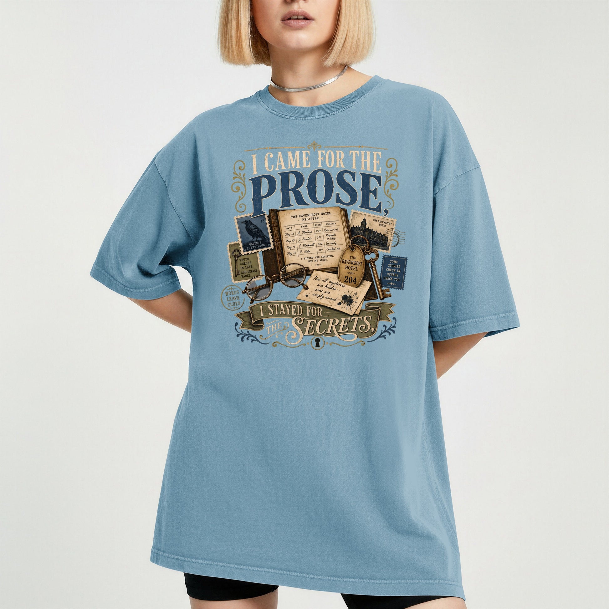 I Came for the Prose bookish tee in Ice Blue, worn