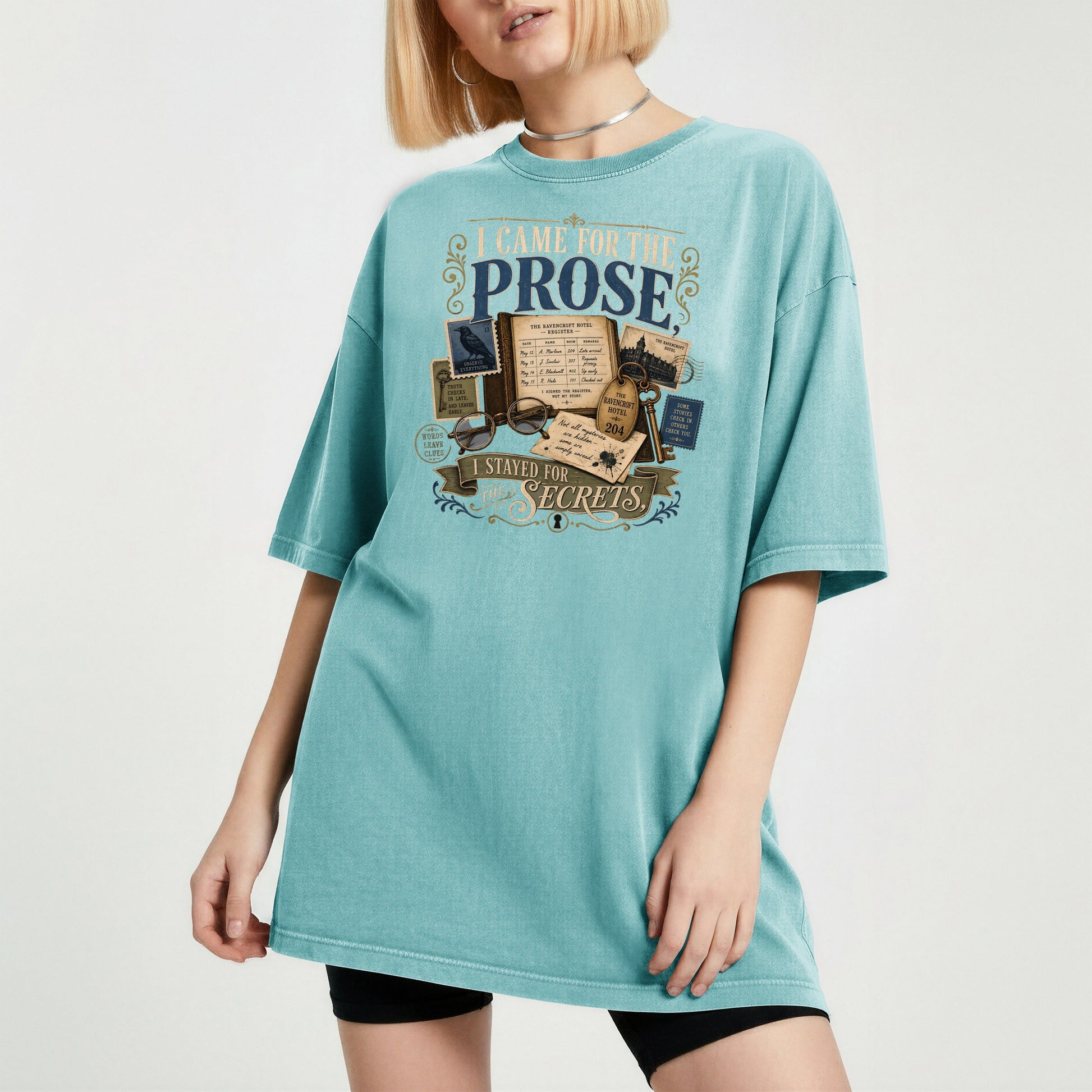 I Came for the Prose bookish tee in Seafoam, worn