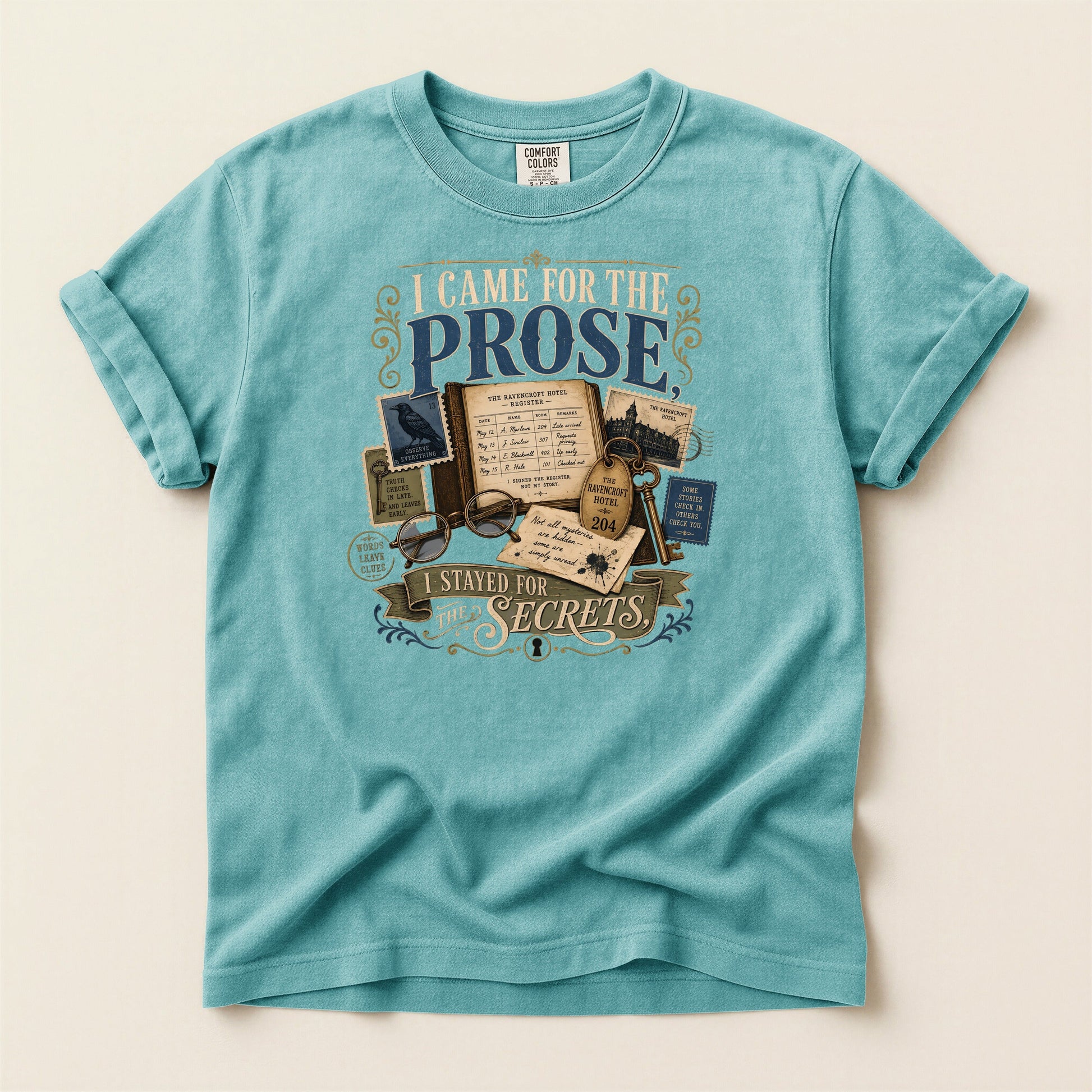 I Came for the Prose bookish tee in Seafoam, full flat