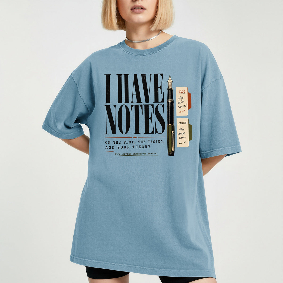 Shelf Love Studio I Have Notes t-shirt in Ice Blue, worn