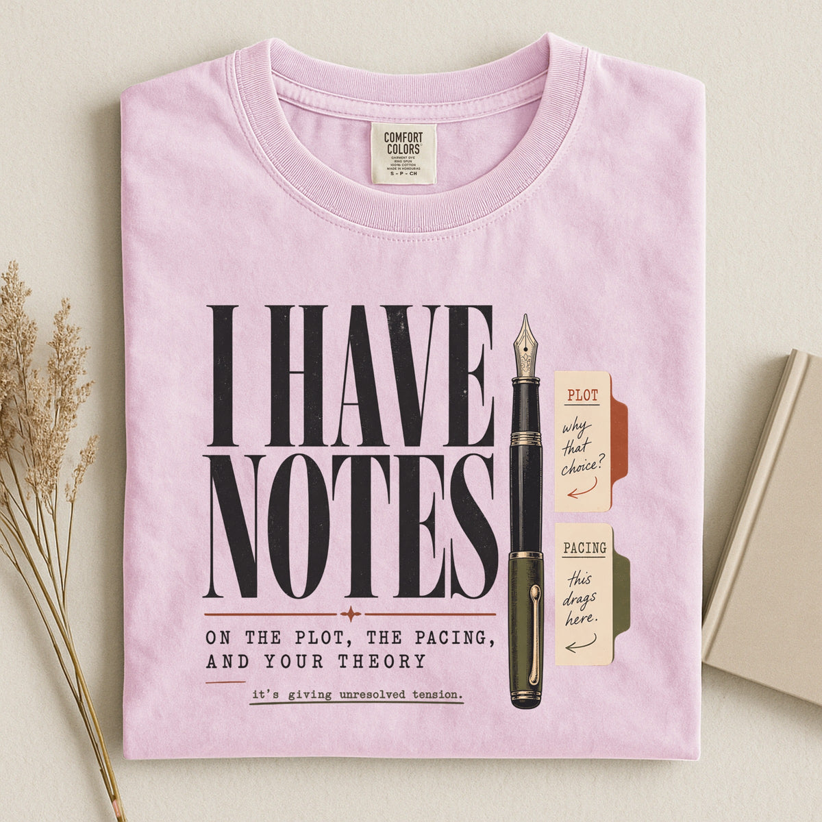 Shelf Love Studio I Have Notes t-shirt in Blossom, styled flat lay
