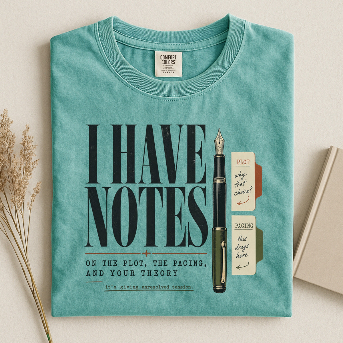 Shelf Love Studio I Have Notes t-shirt in Seafoam, styled flat lay