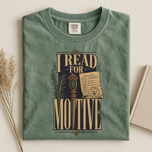 I Read for Motive bookish tee in Moss, flat lay