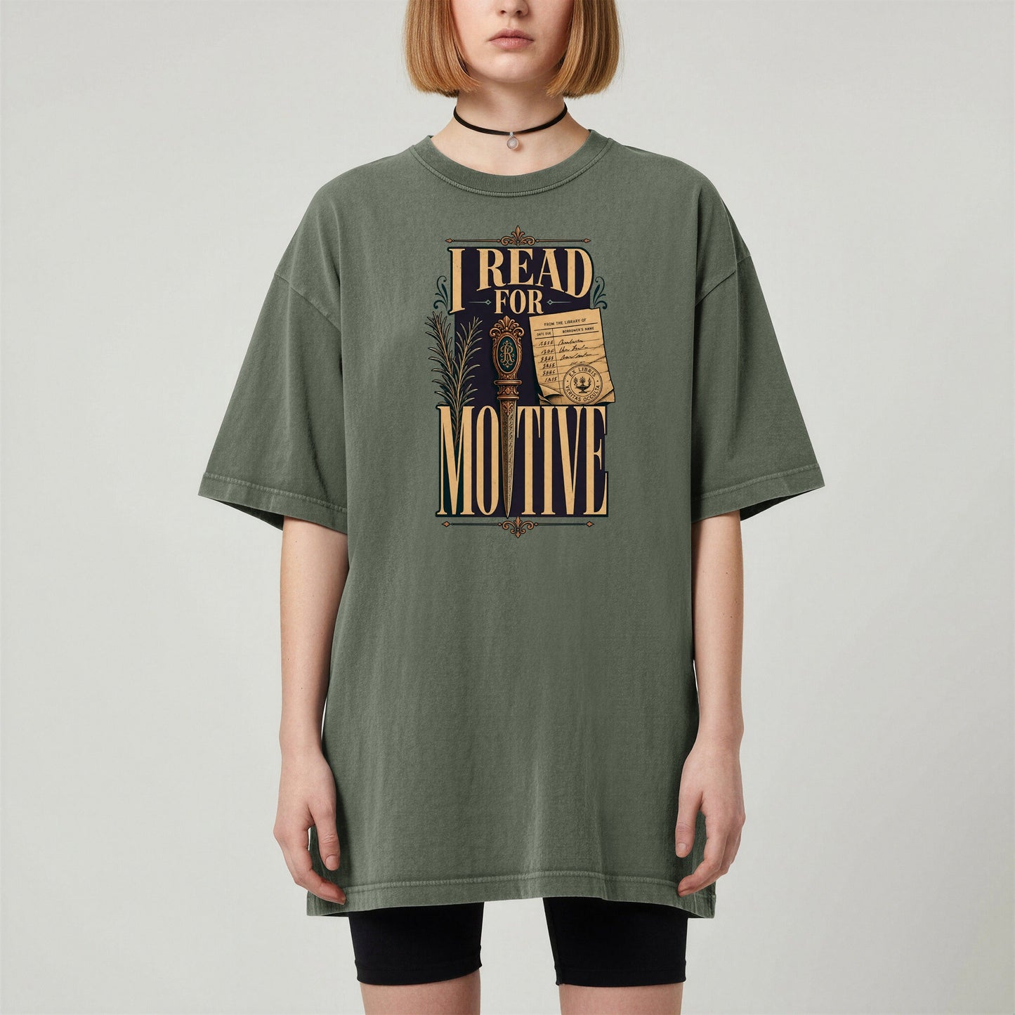 I Read for Motive bookish tee in Moss, worn