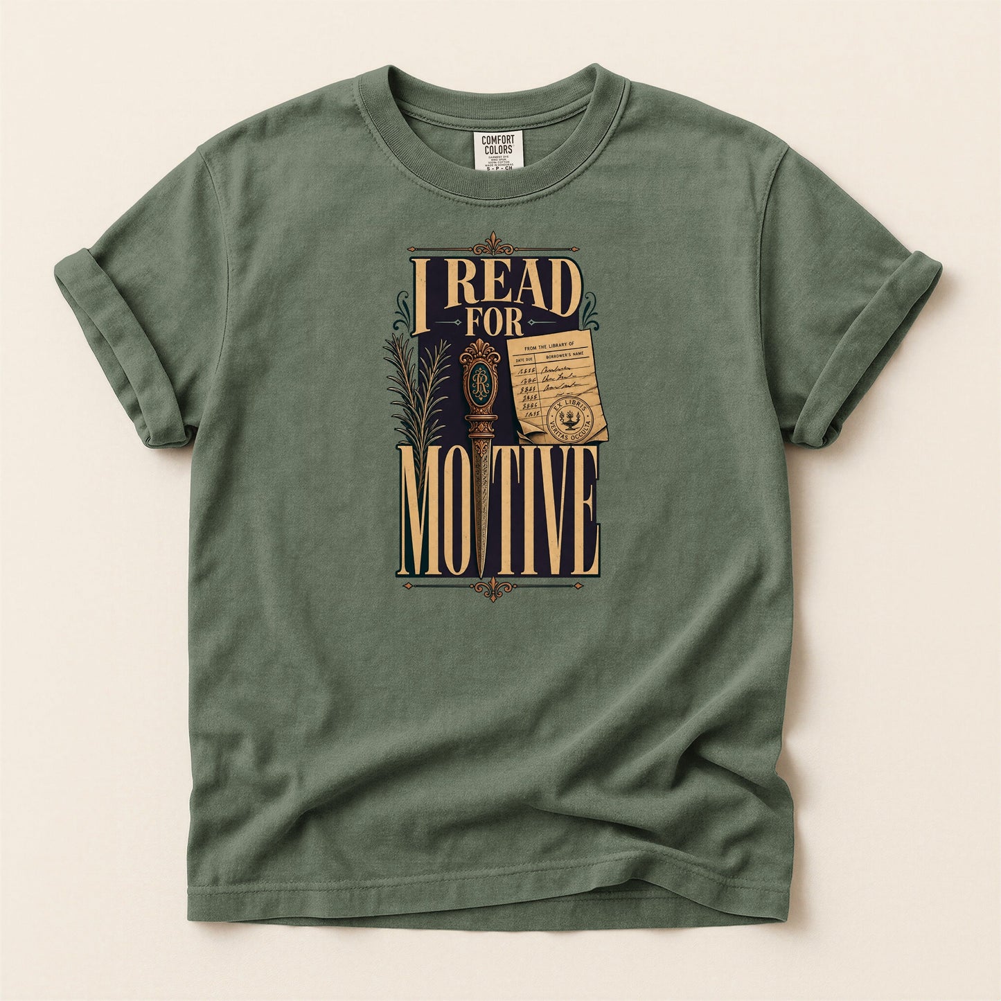 I Read for Motive bookish tee in Moss, full flat