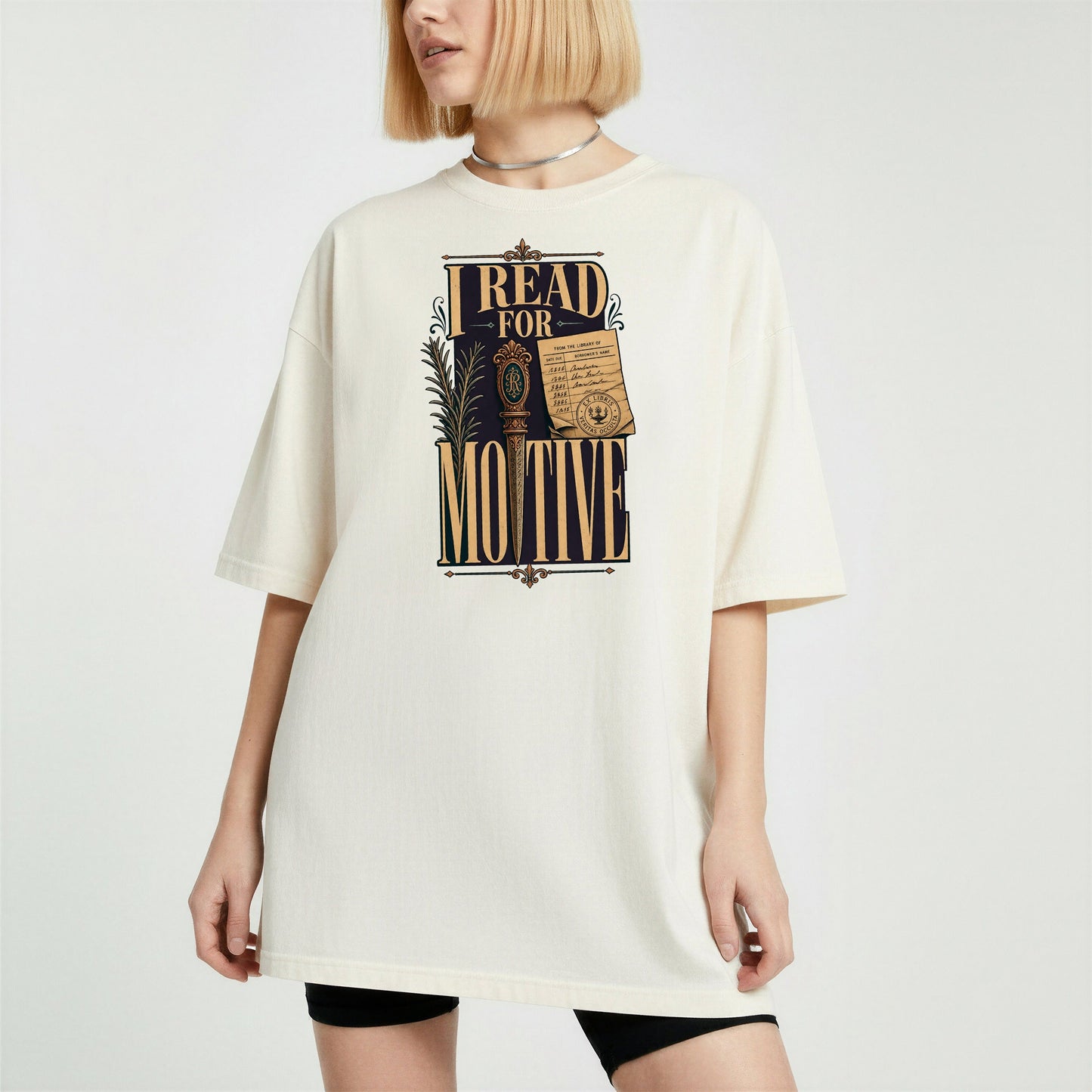 I Read for Motive bookish tee in Ivory, worn