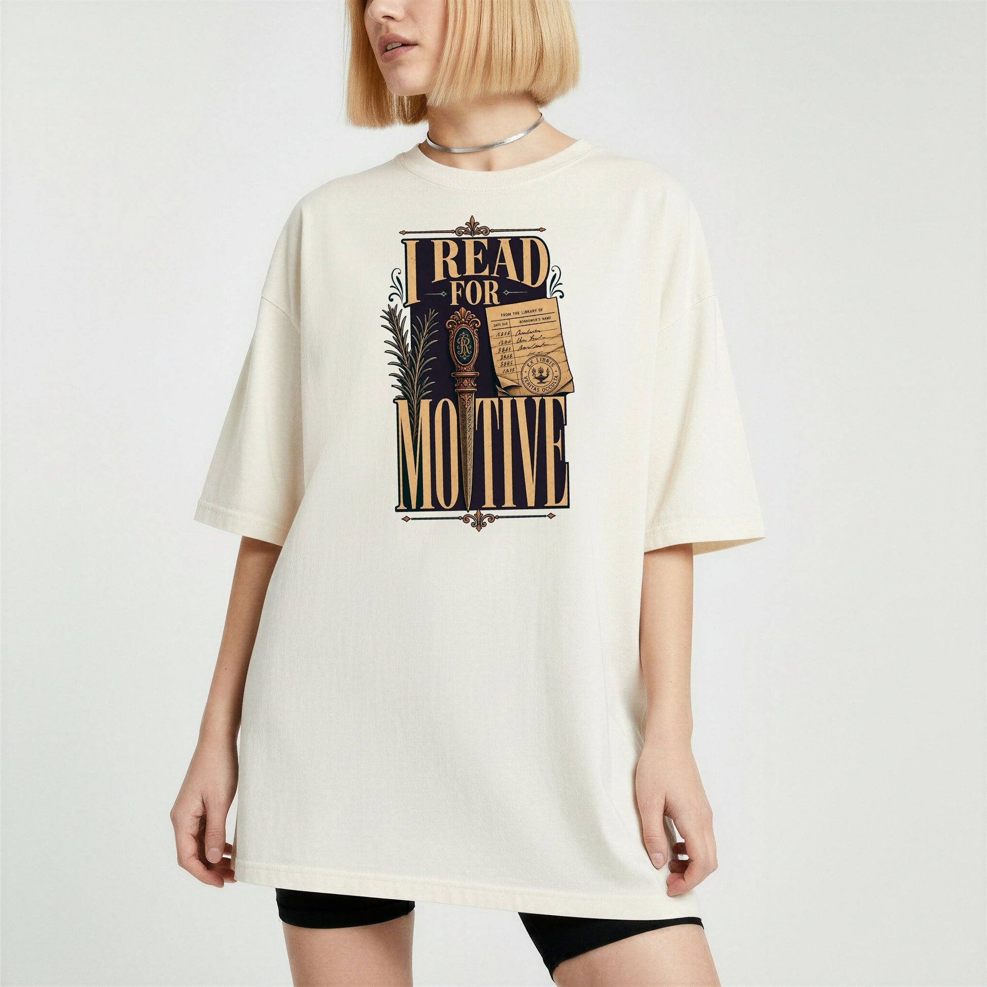 I Read for Motive bookish tee in Ivory, worn