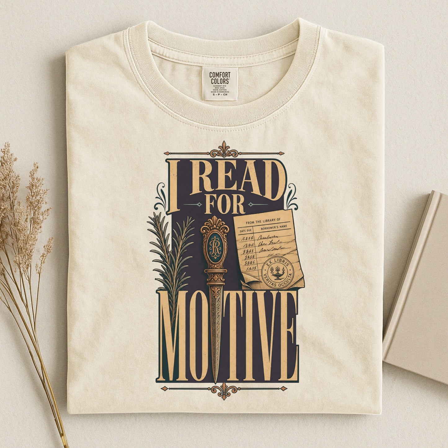 I Read for Motive bookish tee in Ivory, flat lay