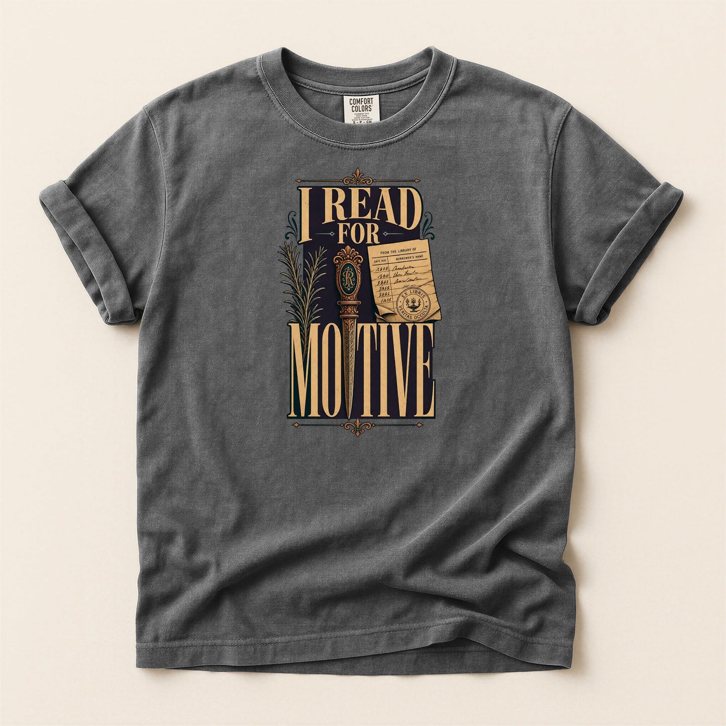 I Read for Motive bookish tee in Pepper, full flat
