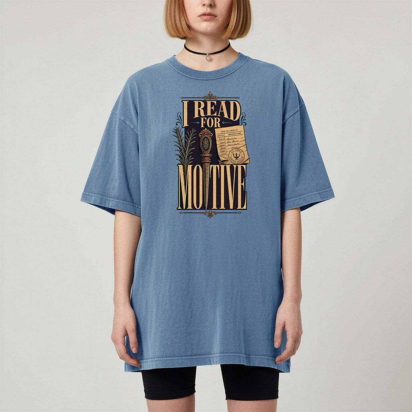 I Read for Motive bookish tee in Blue Jean, worn