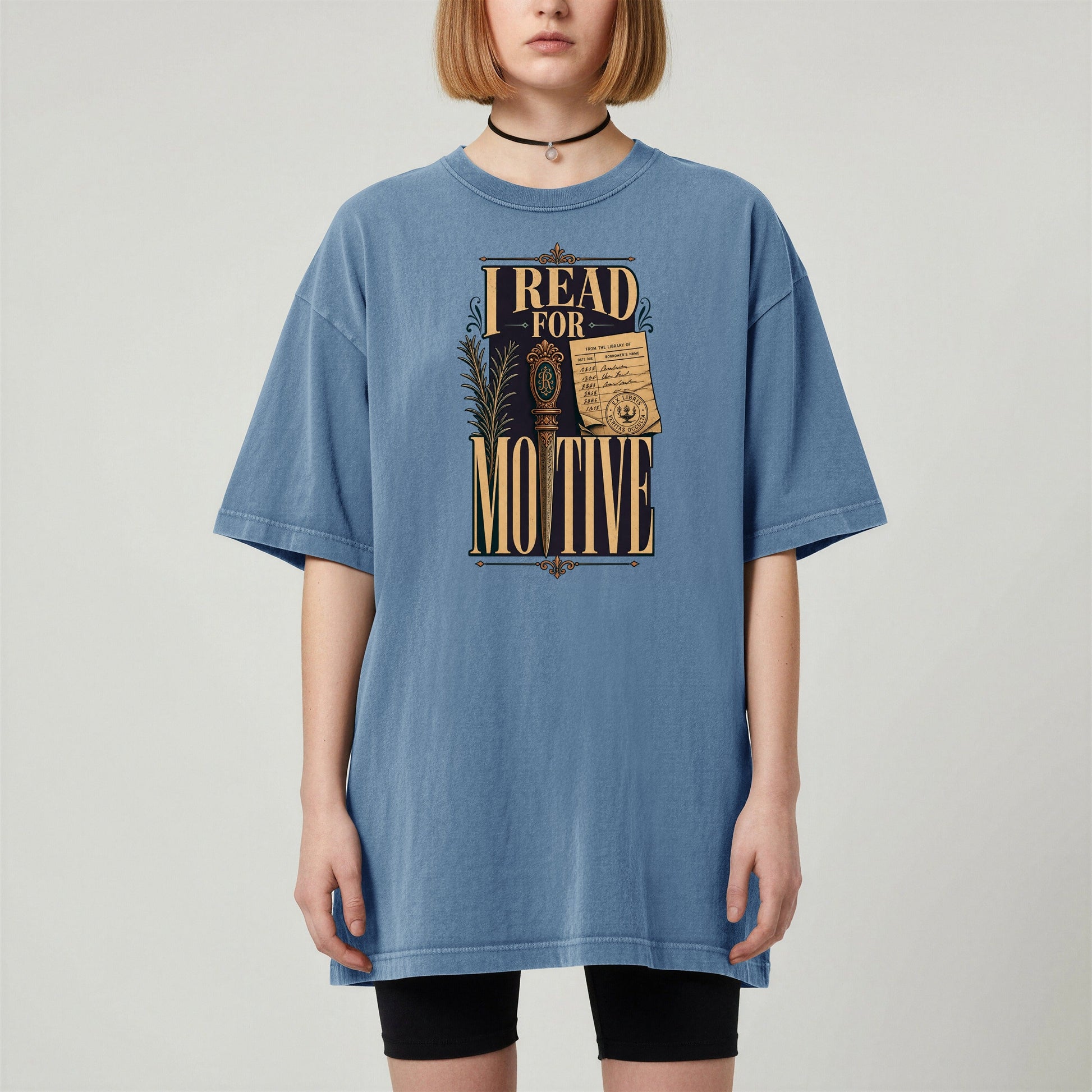 I Read for Motive bookish tee in Blue Jean, worn