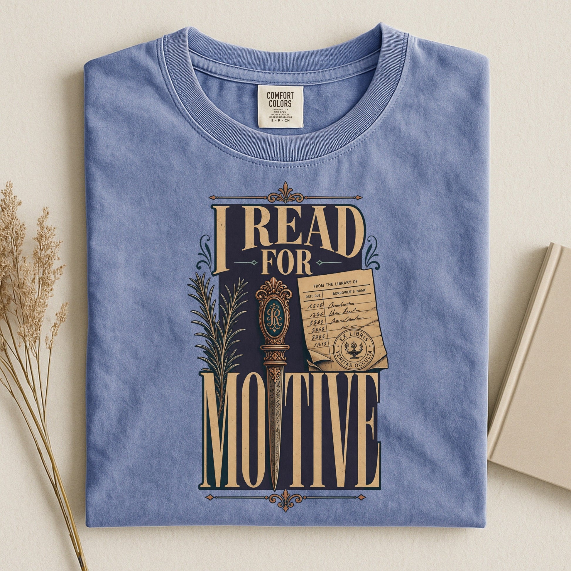 I Read for Motive bookish tee in Blue Jean, flat lay