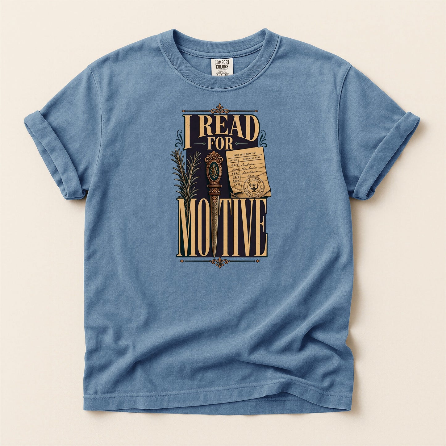I Read for Motive bookish tee in Blue Jean, full flat