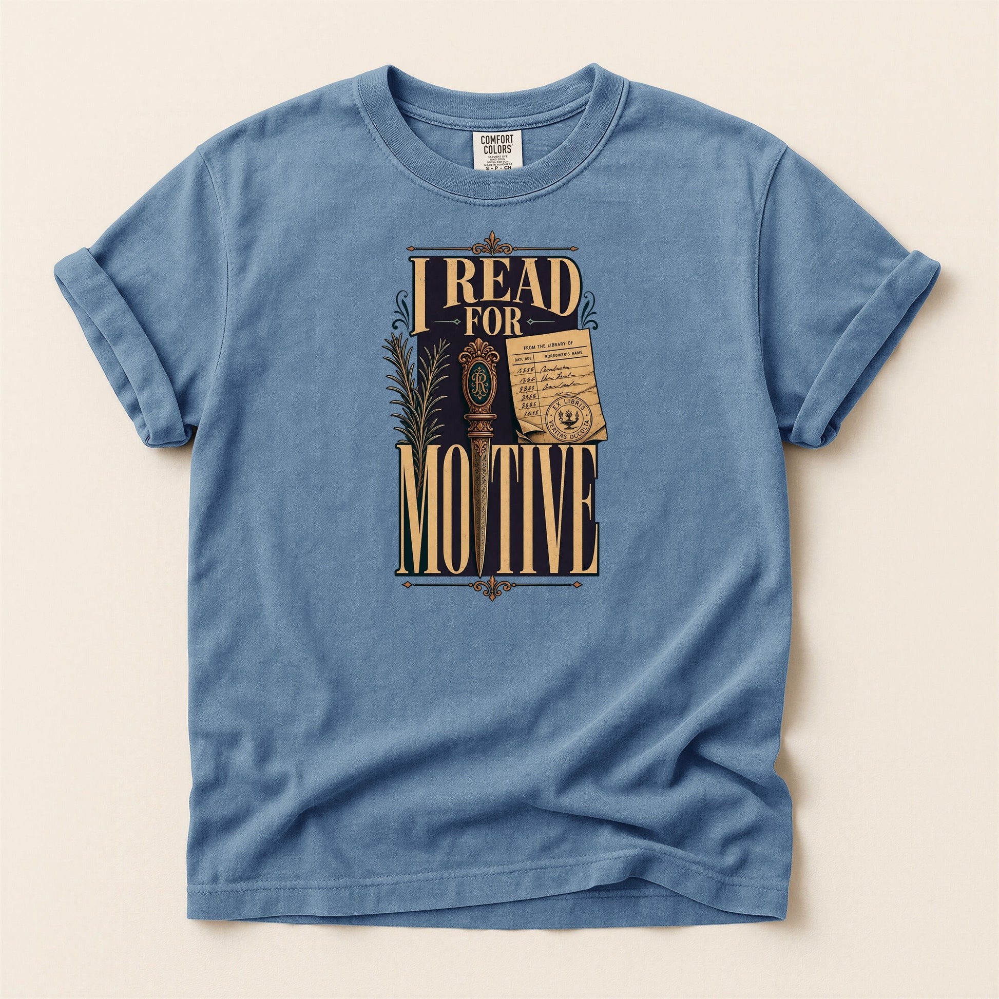 I Read for Motive bookish tee in Blue Jean, full flat