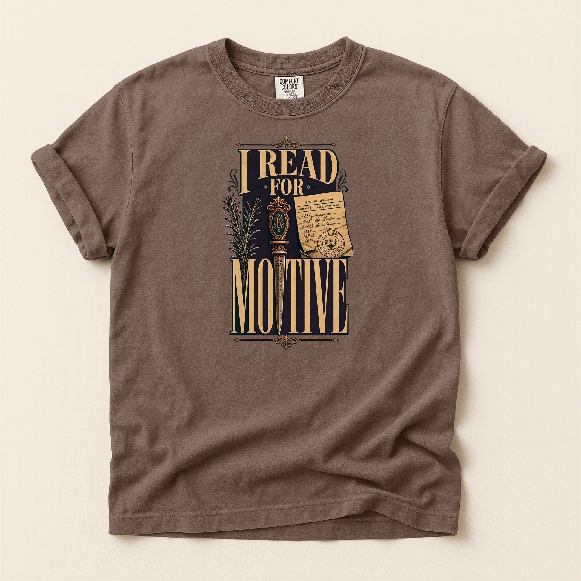 I Read for Motive bookish tee in Espresso, full flat