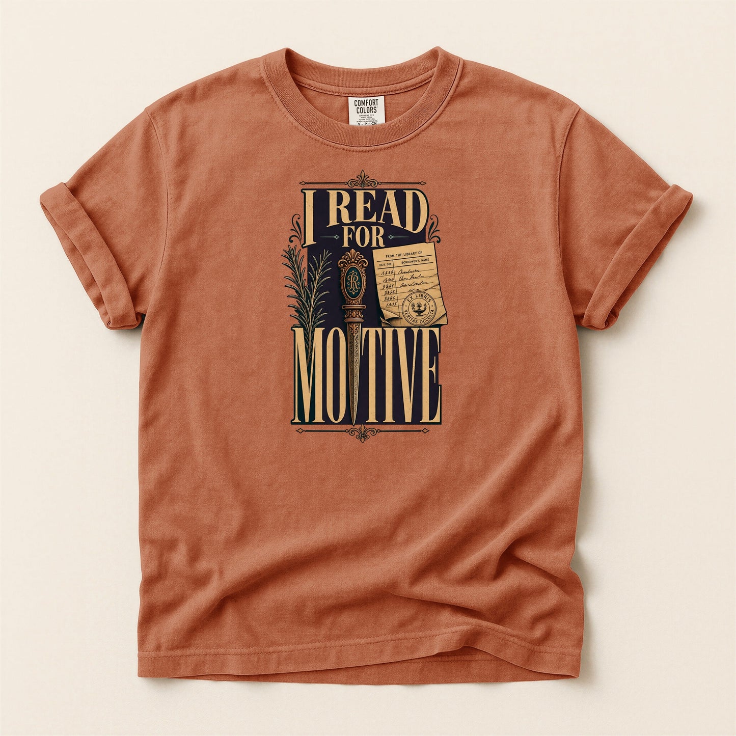 I Read for Motive bookish tee in Yam, full flat