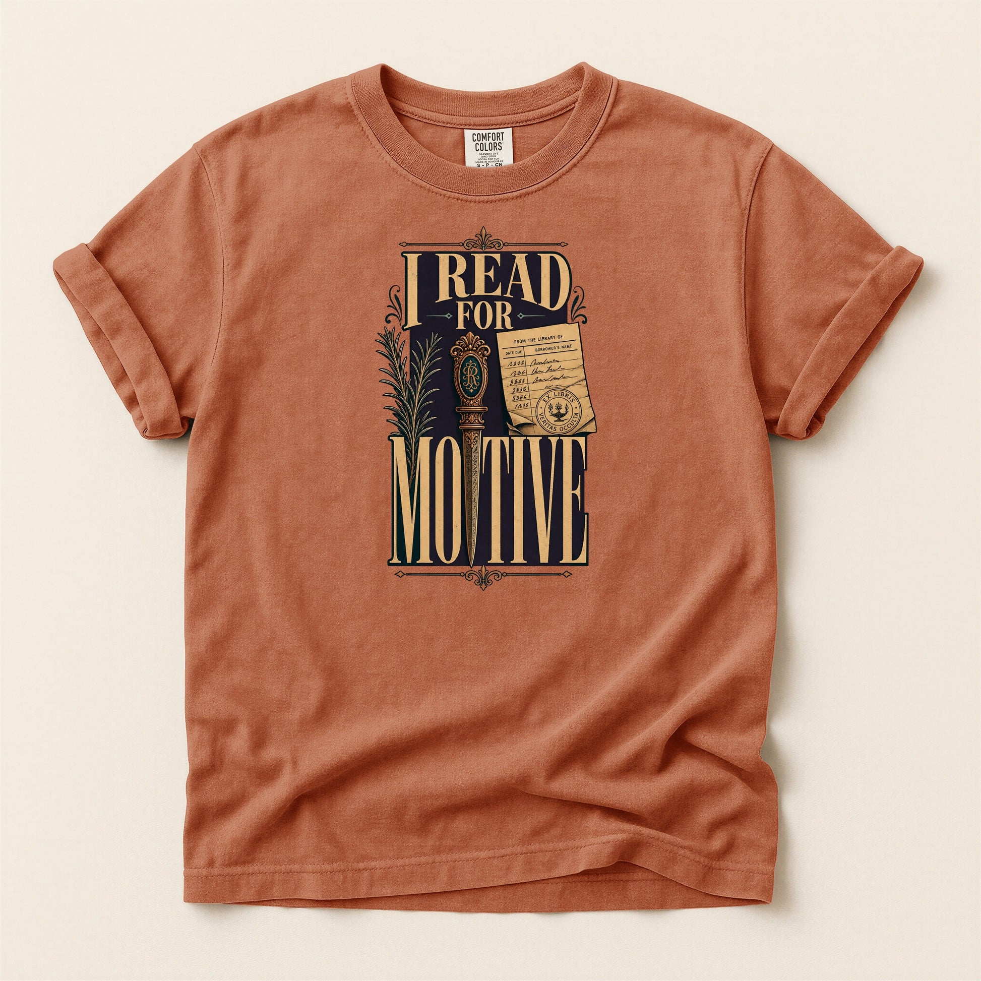 I Read for Motive bookish tee in Yam, full flat