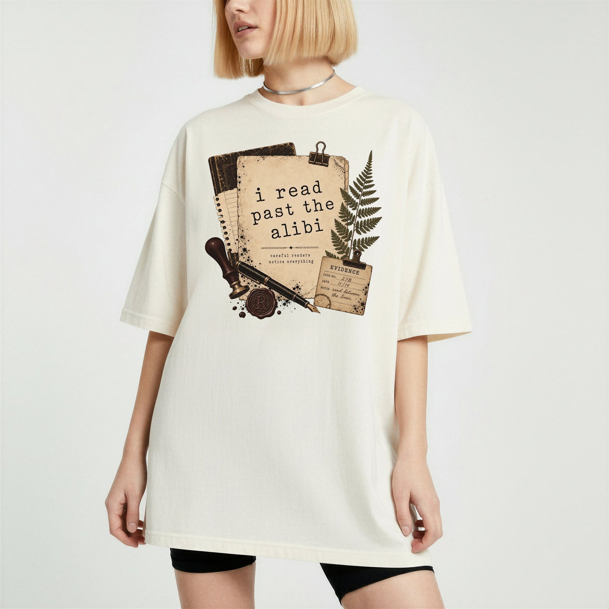 I Read Past the Alibi bookish tee in Ivory, worn