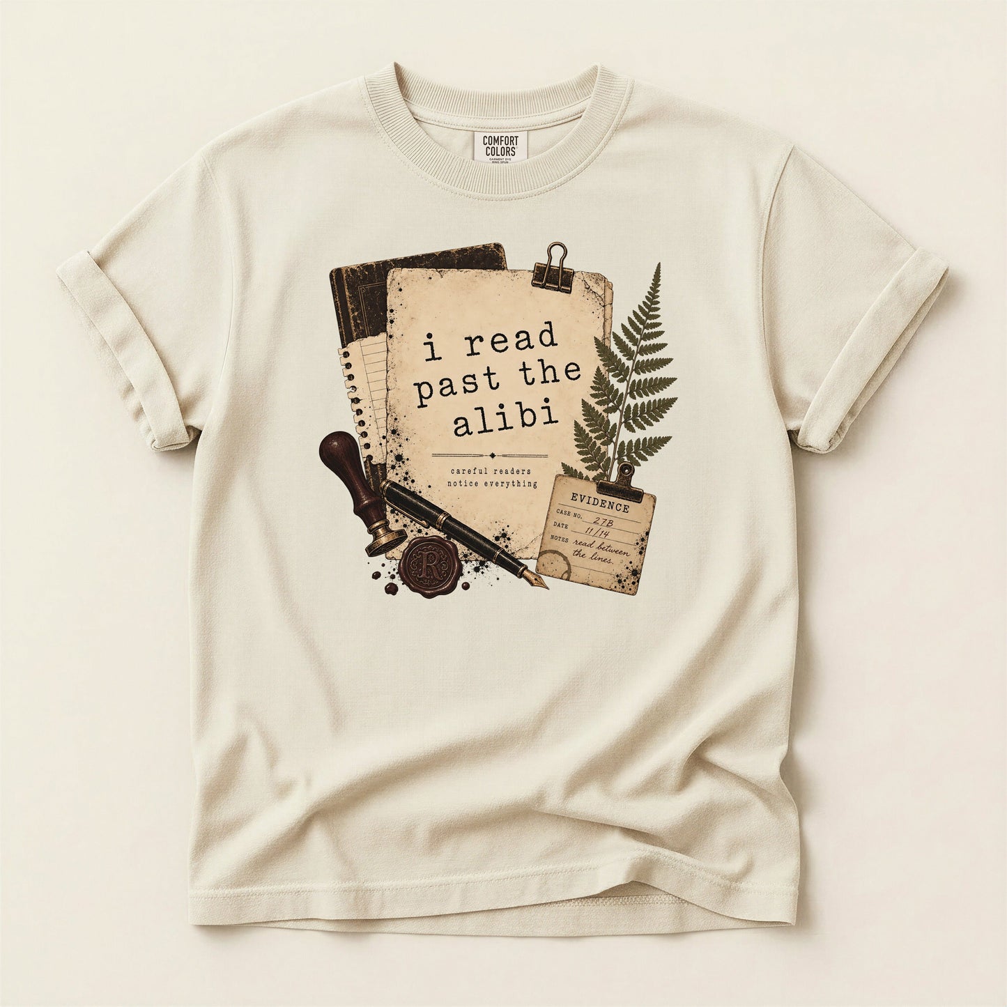 I Read Past the Alibi bookish tee in Ivory, full flat