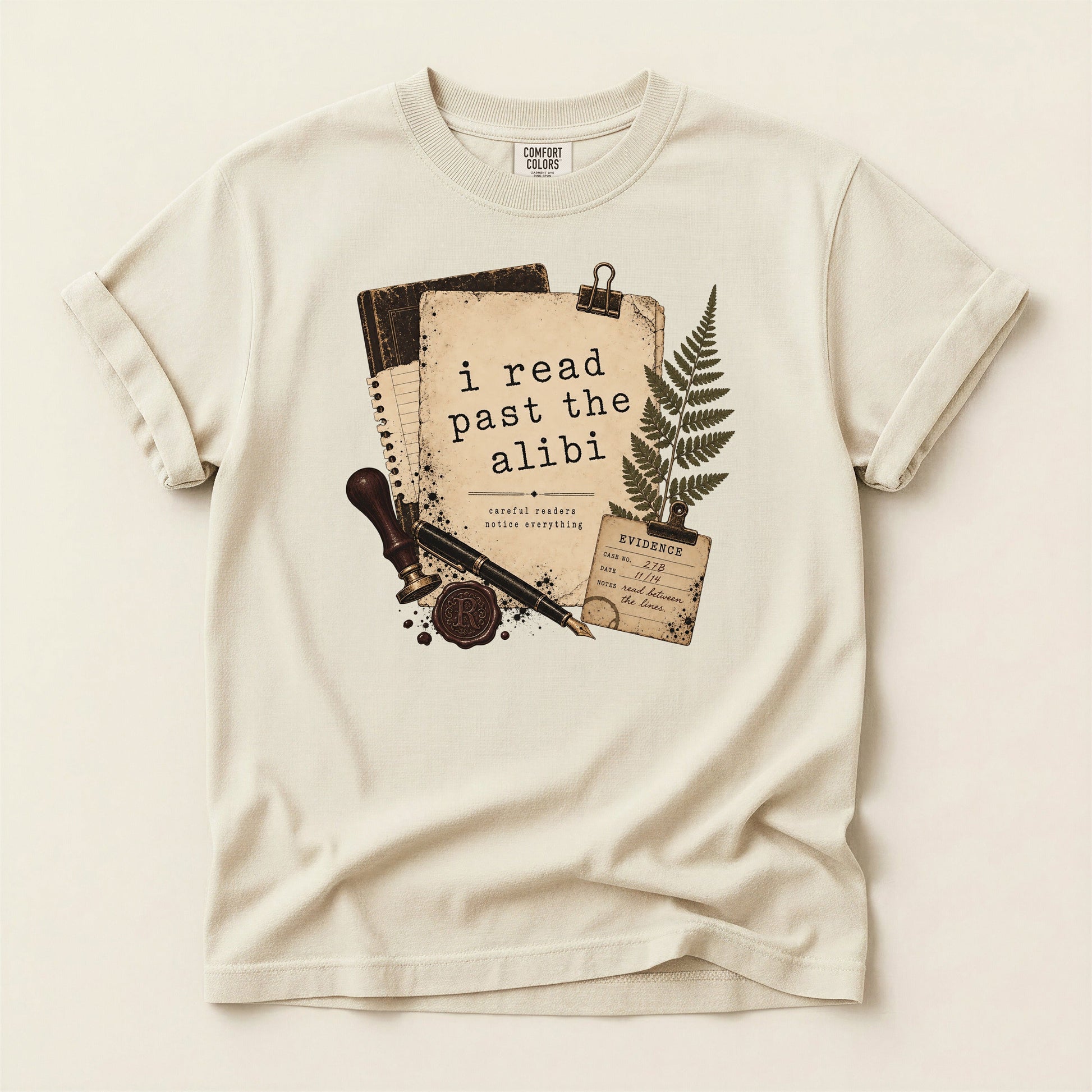 I Read Past the Alibi bookish tee in Ivory, full flat