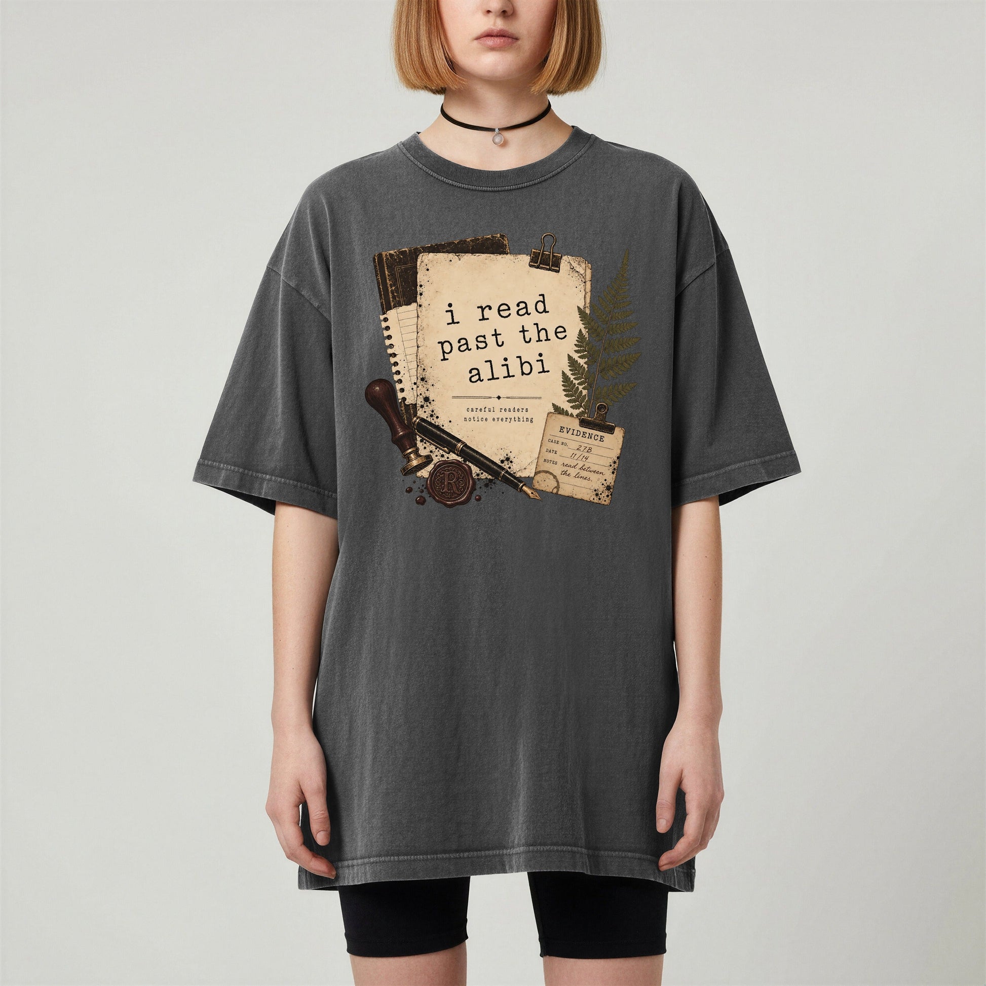 I Read Past the Alibi bookish tee in Pepper, worn