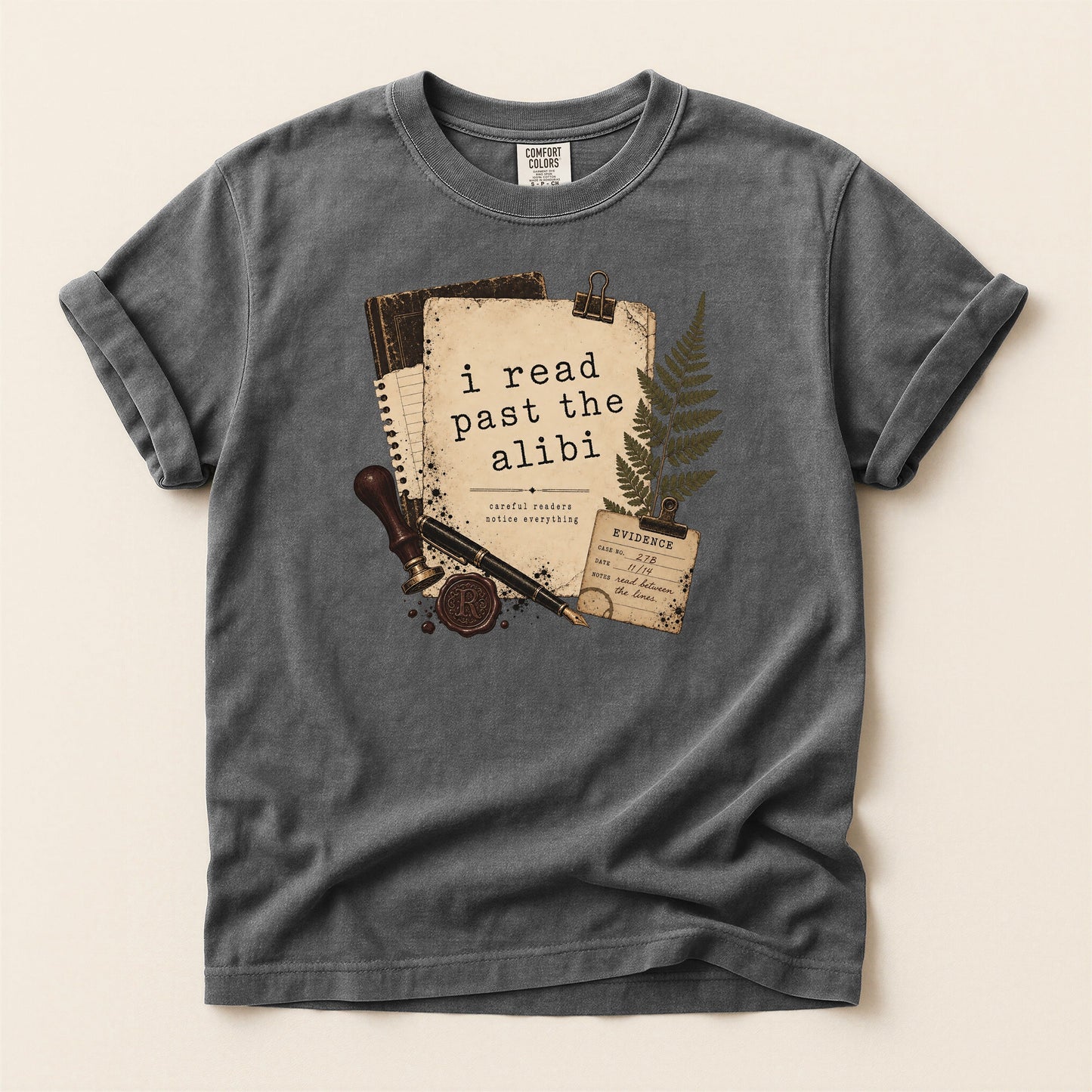 I Read Past the Alibi bookish tee in Pepper, full flat