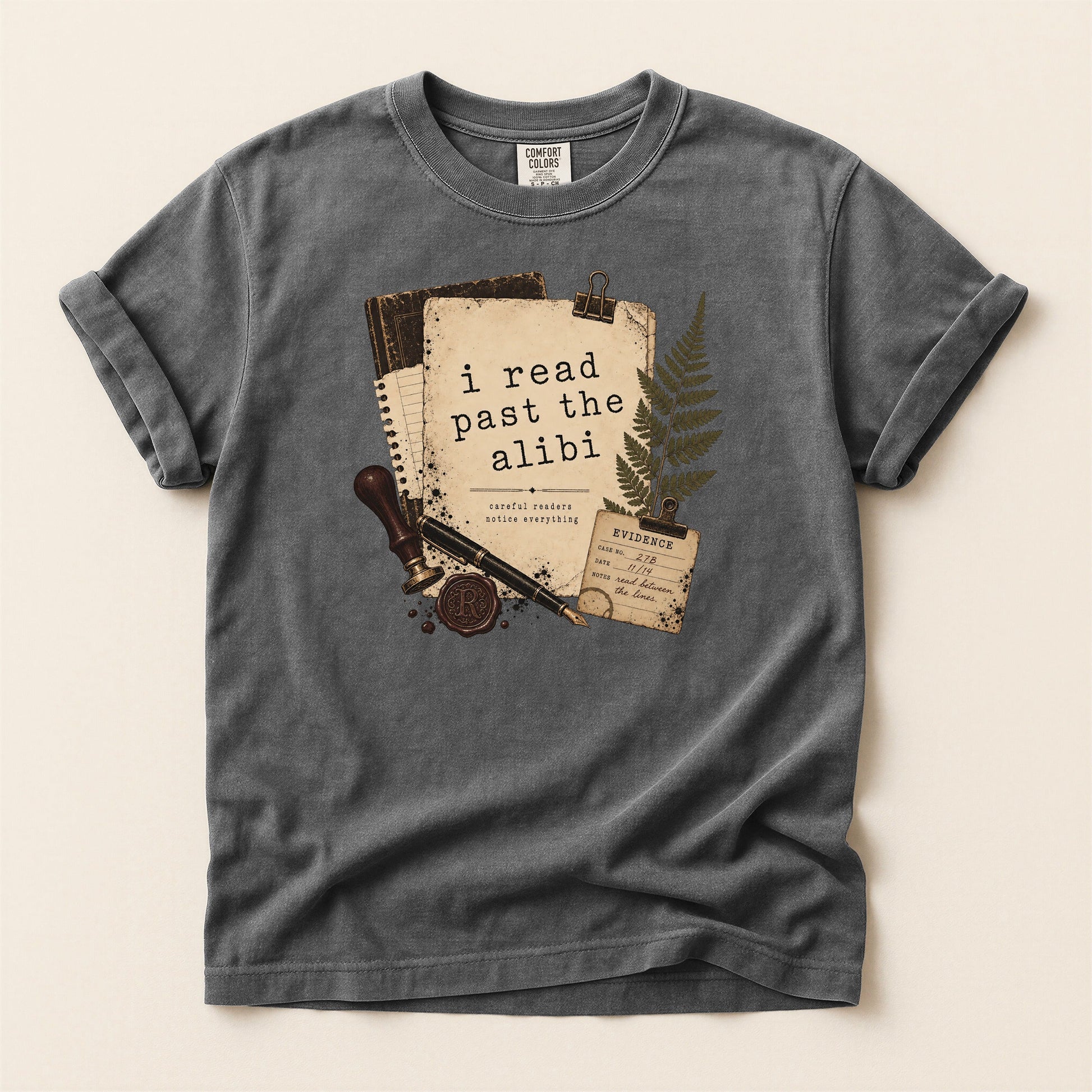 I Read Past the Alibi bookish tee in Pepper, full flat