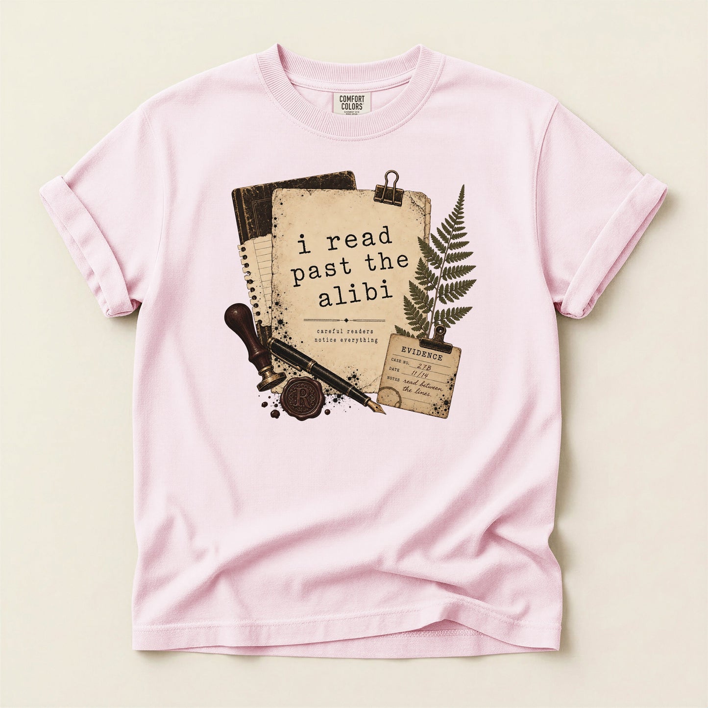 I Read Past the Alibi bookish tee in Blossom, full flat