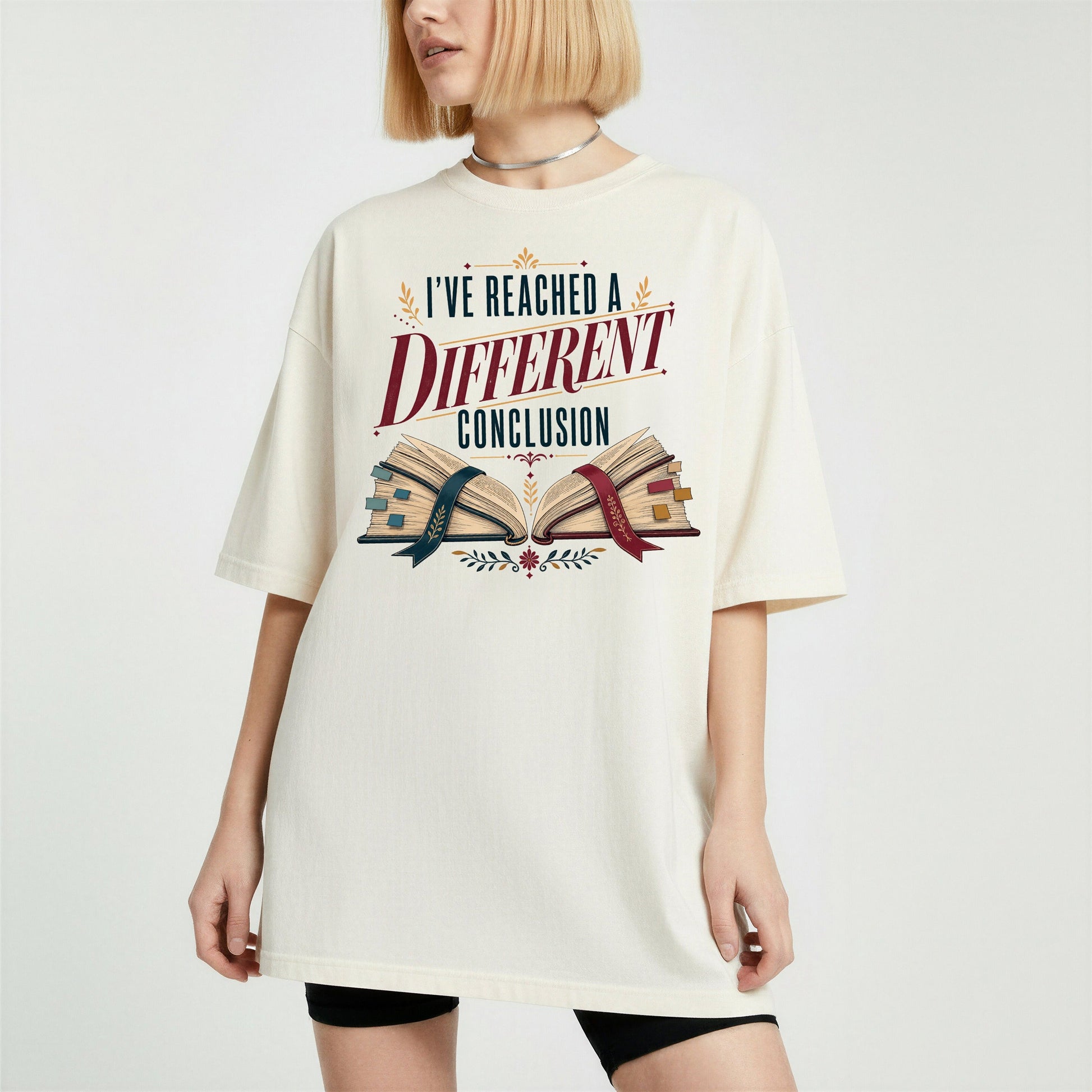 I've Reached a Different Conclusion bookish tee in Ivory, worn
