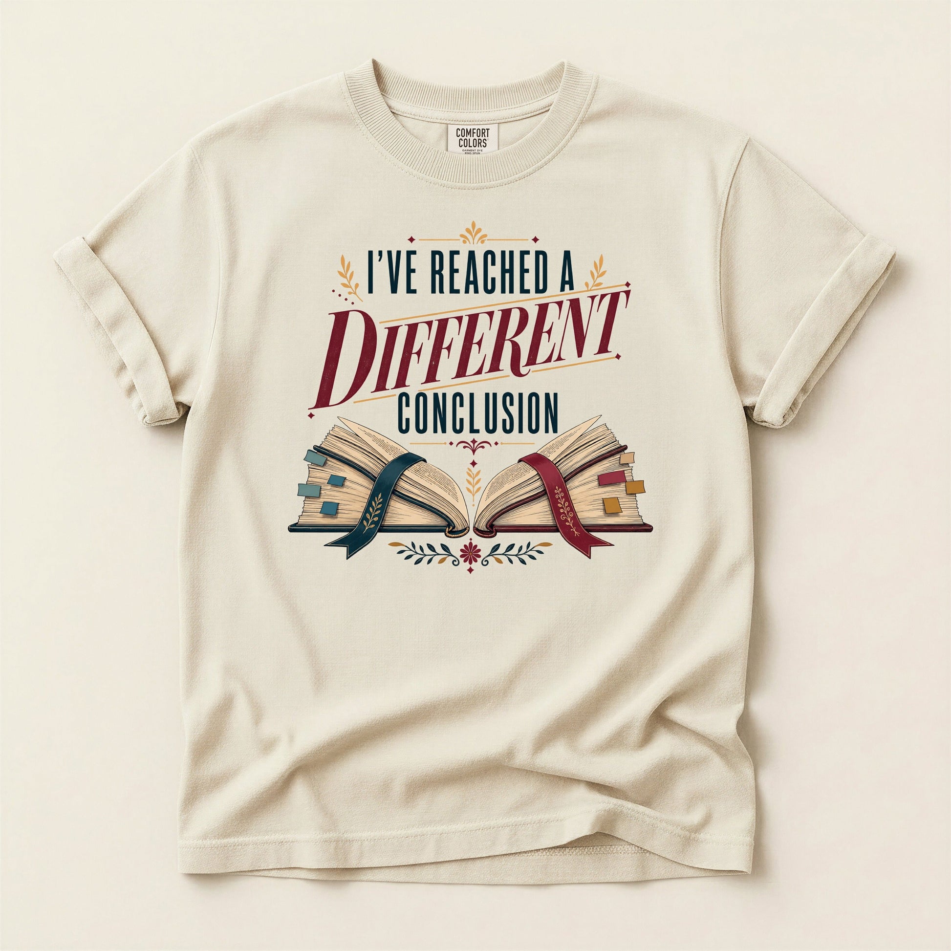 I've Reached a Different Conclusion bookish tee in Ivory, full flat