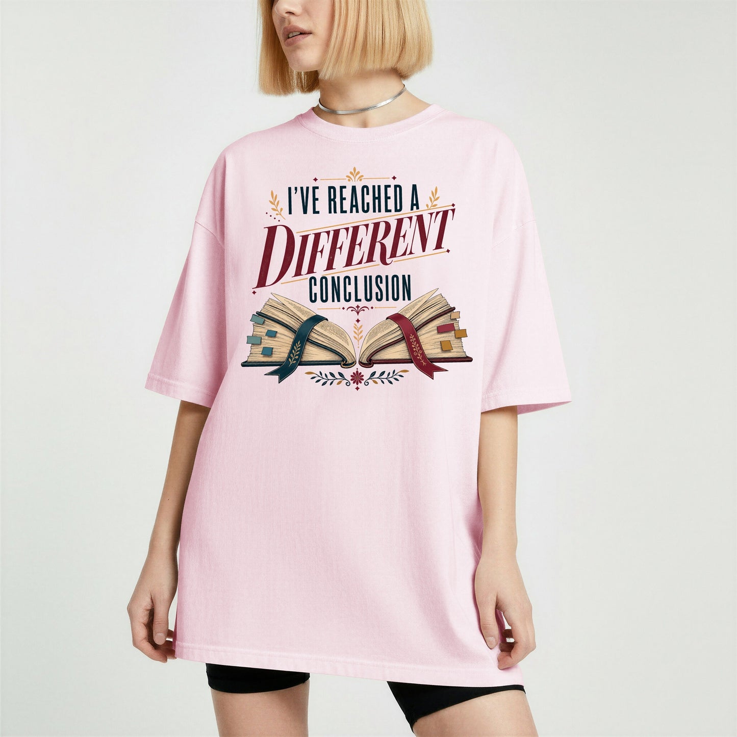 I've Reached a Different Conclusion bookish tee in Blossom, worn