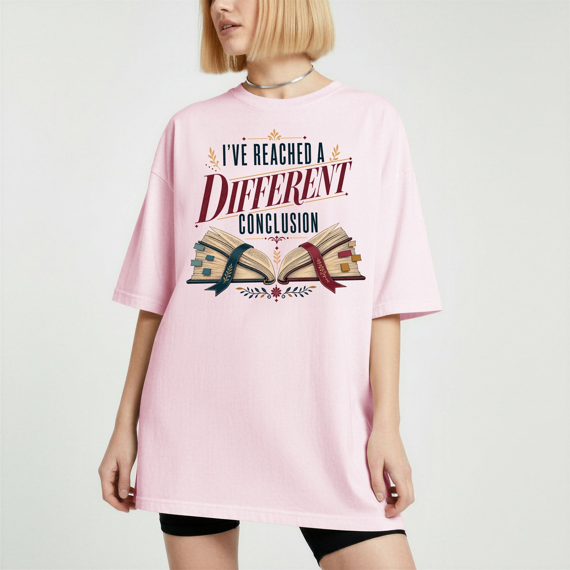 I've Reached a Different Conclusion bookish tee in Blossom, worn