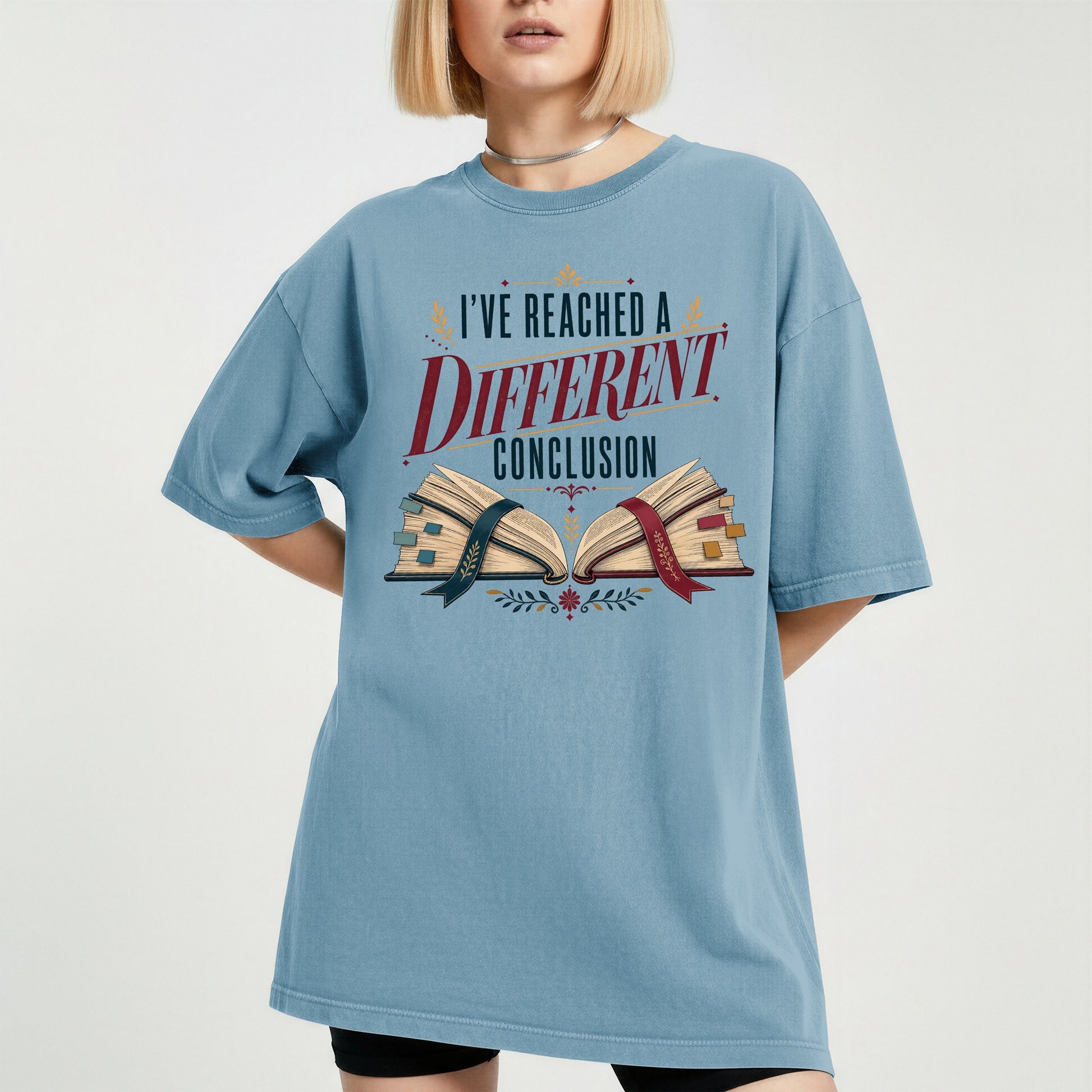 I've Reached a Different Conclusion bookish tee in Ice Blue, worn