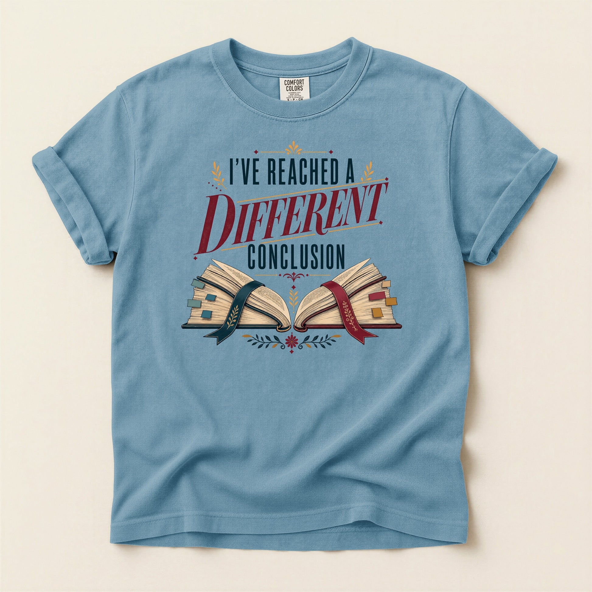 I've Reached a Different Conclusion bookish tee in Ice Blue, full flat