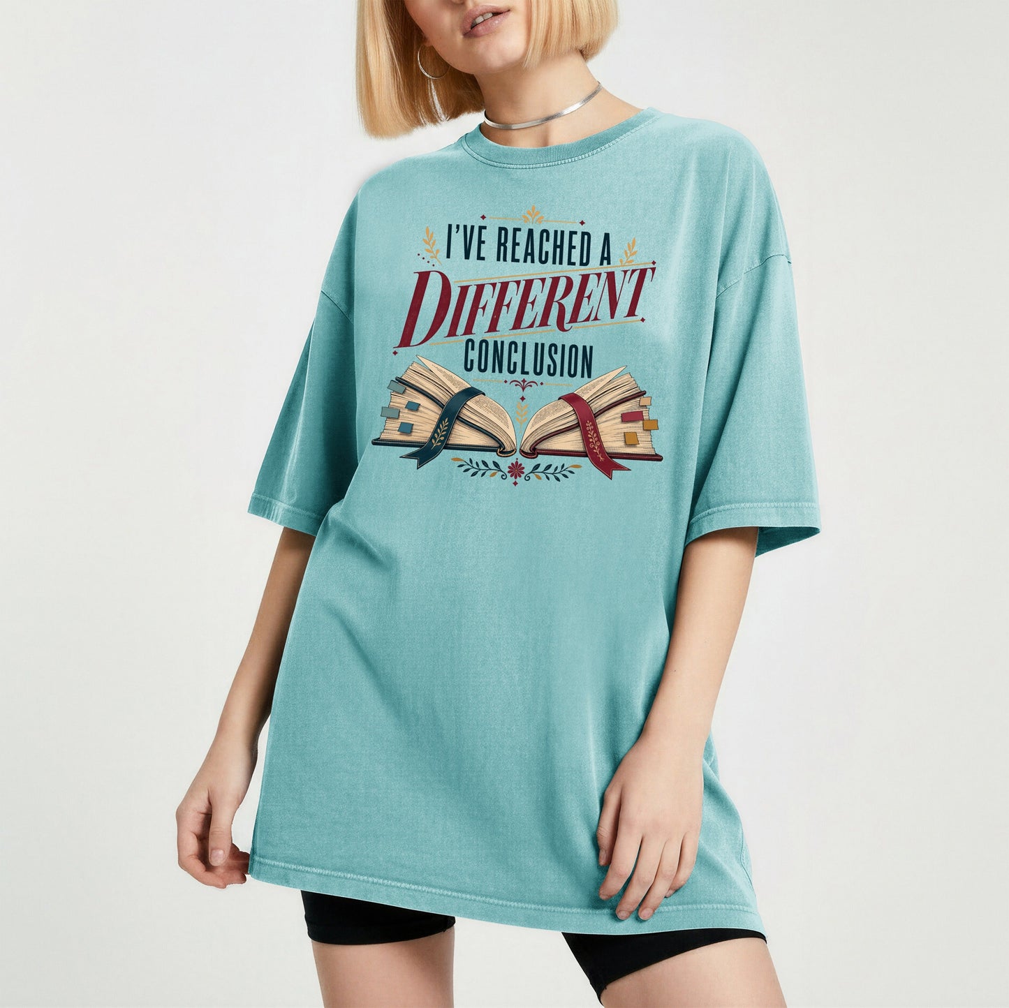 I've Reached a Different Conclusion bookish tee in Seafoam, worn