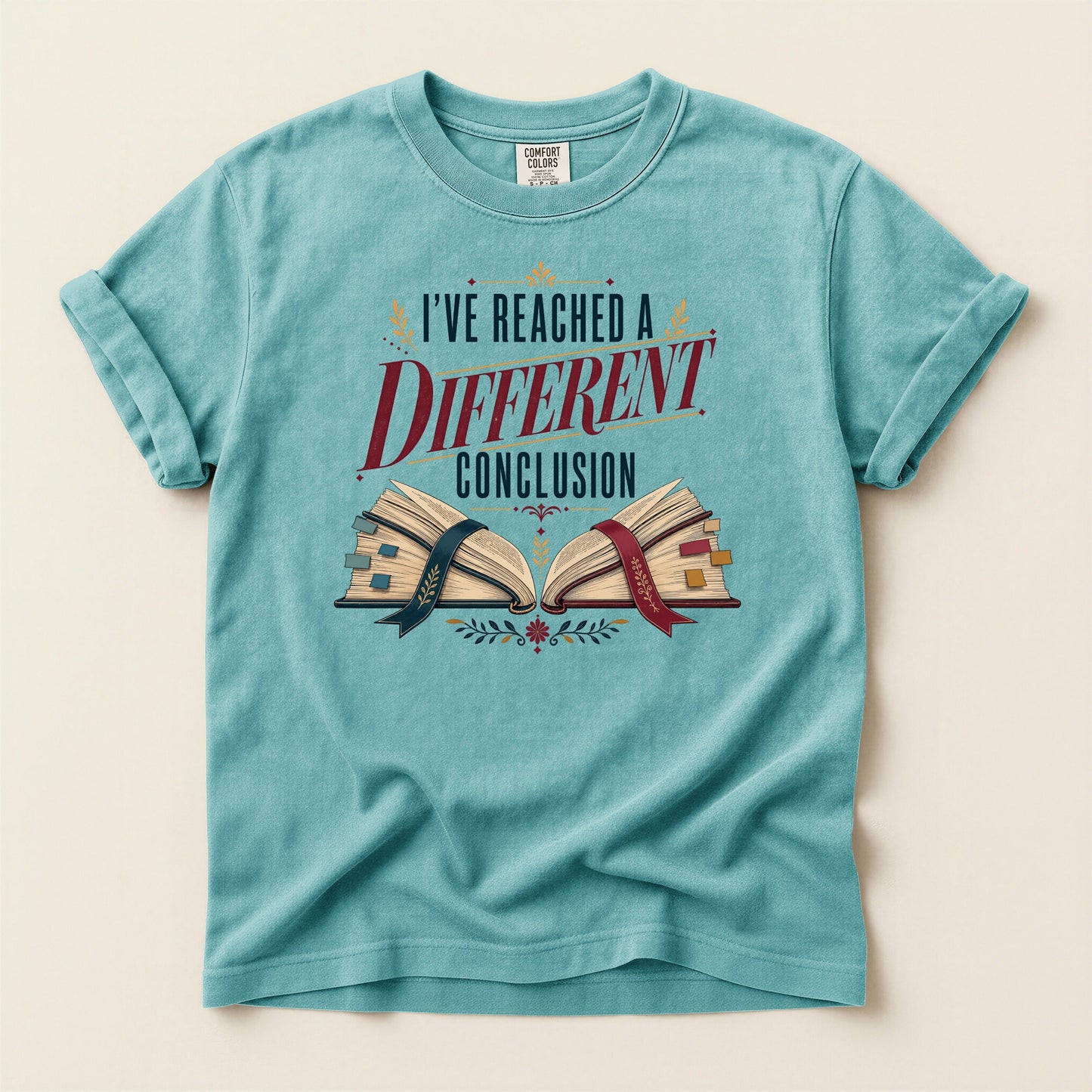 I've Reached a Different Conclusion bookish tee in Seafoam, full flat