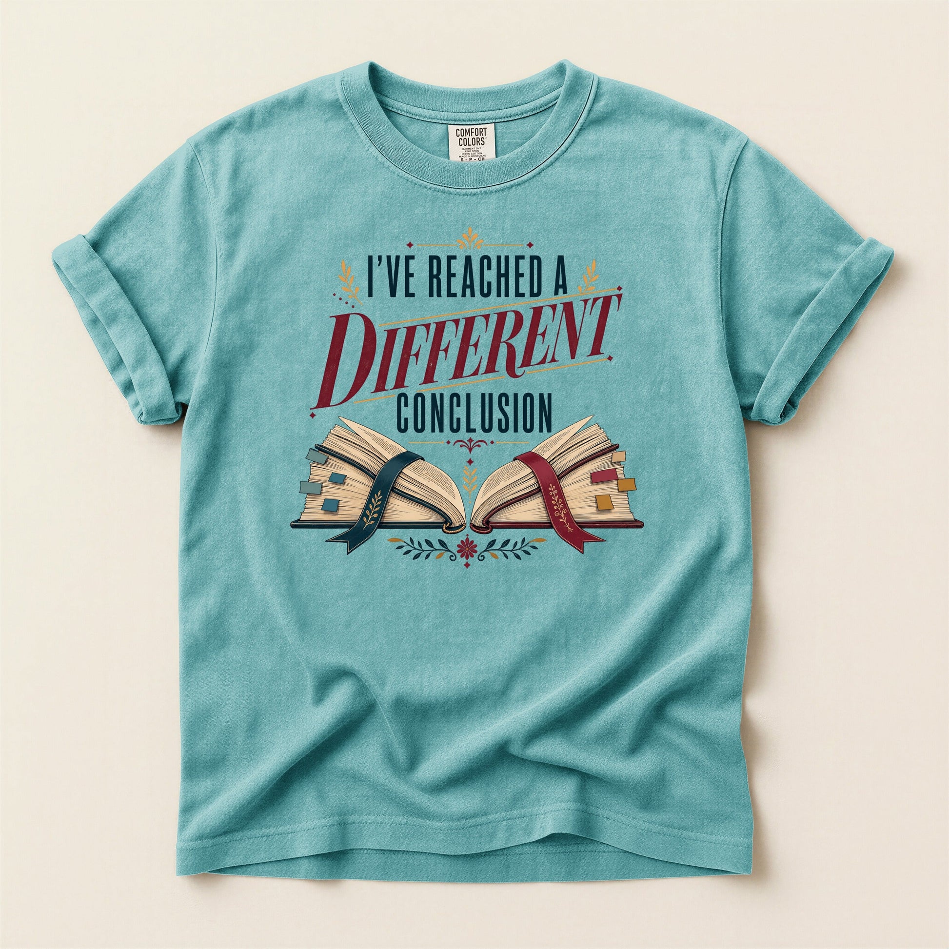I've Reached a Different Conclusion bookish tee in Seafoam, full flat