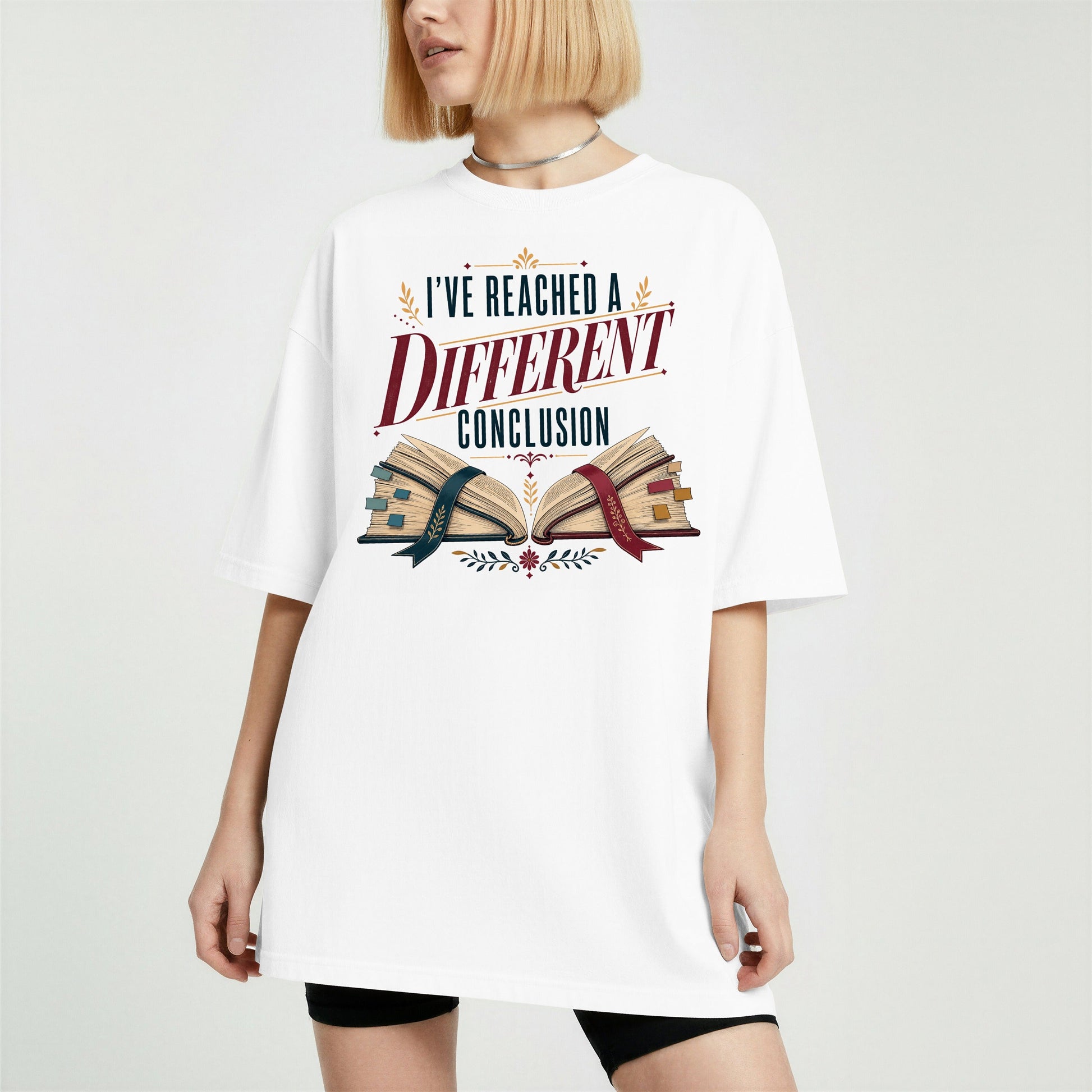 I've Reached a Different Conclusion bookish tee in White, worn