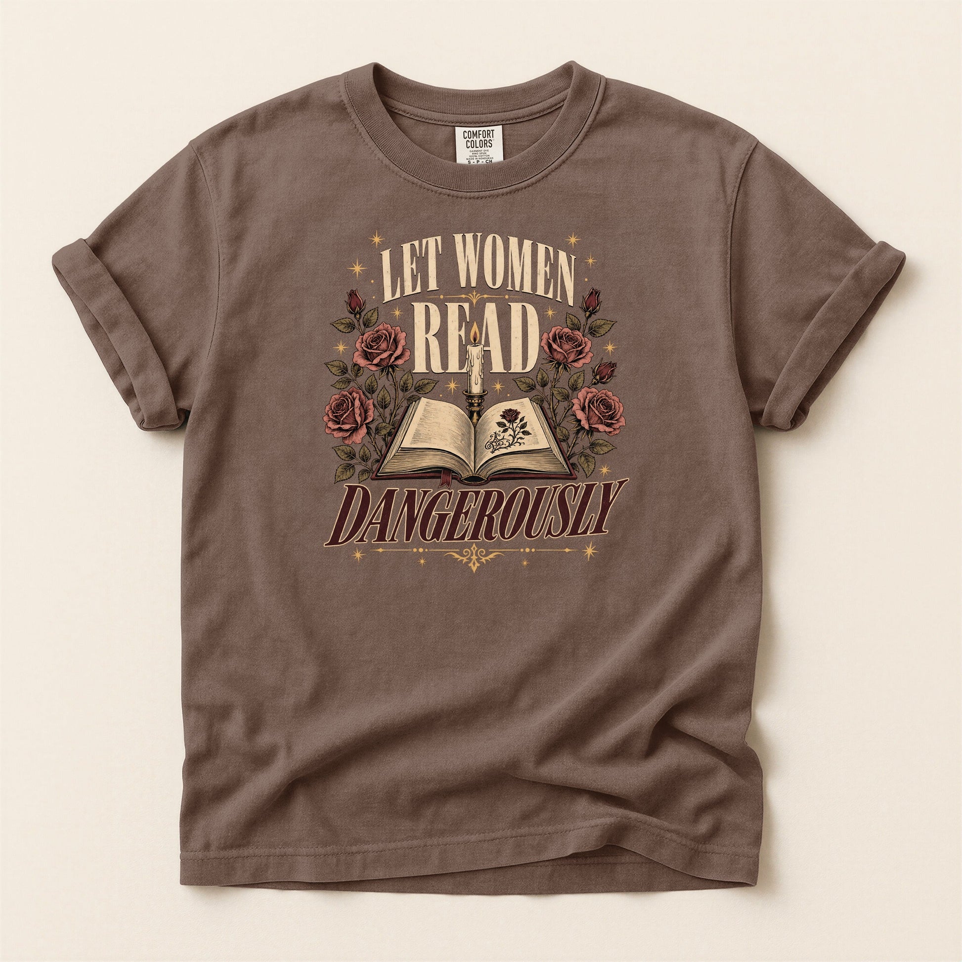 Let Women Read Dangerously bookish tee in Espresso, full flat