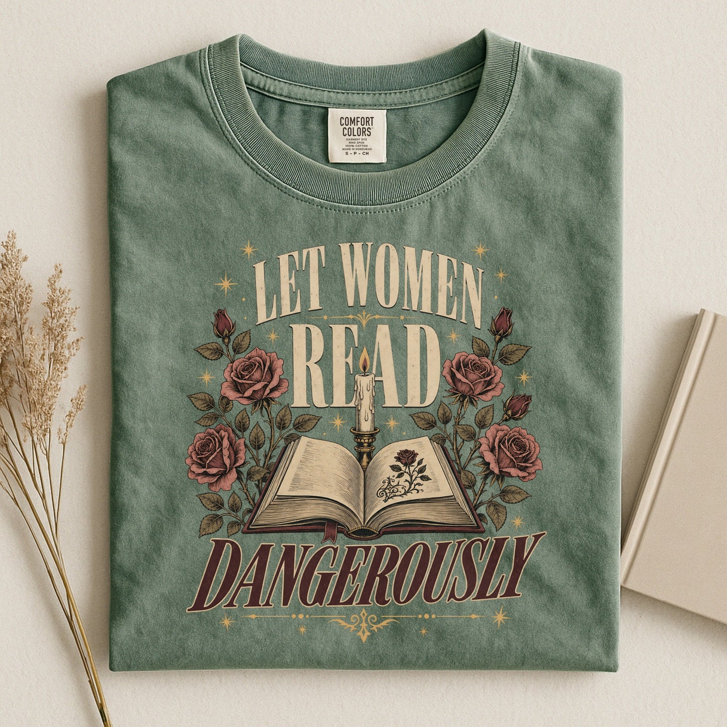 Let Women Read Dangerously bookish tee in Moss, flat lay