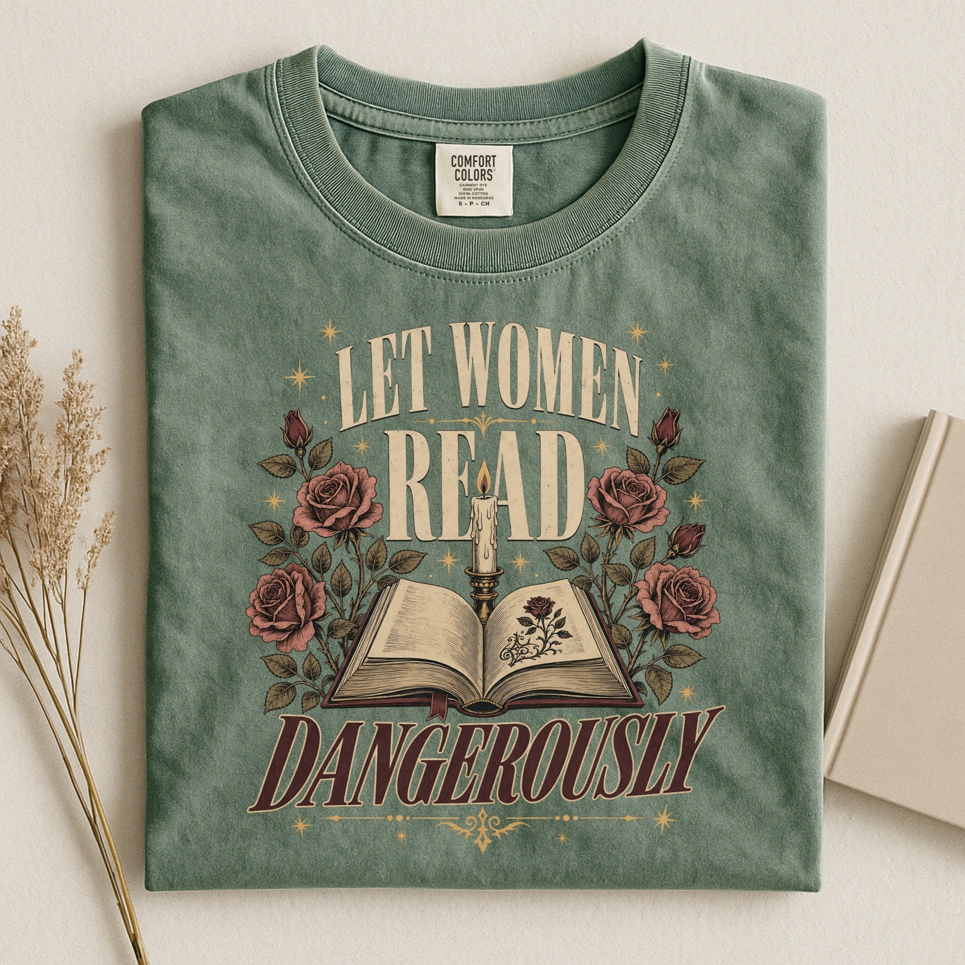 Let Women Read Dangerously bookish tee in Moss, flat lay