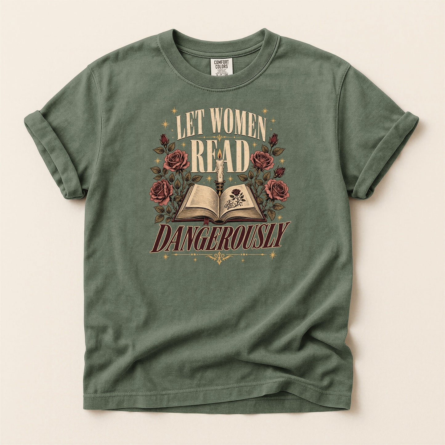 Let Women Read Dangerously bookish tee in Moss, full flat