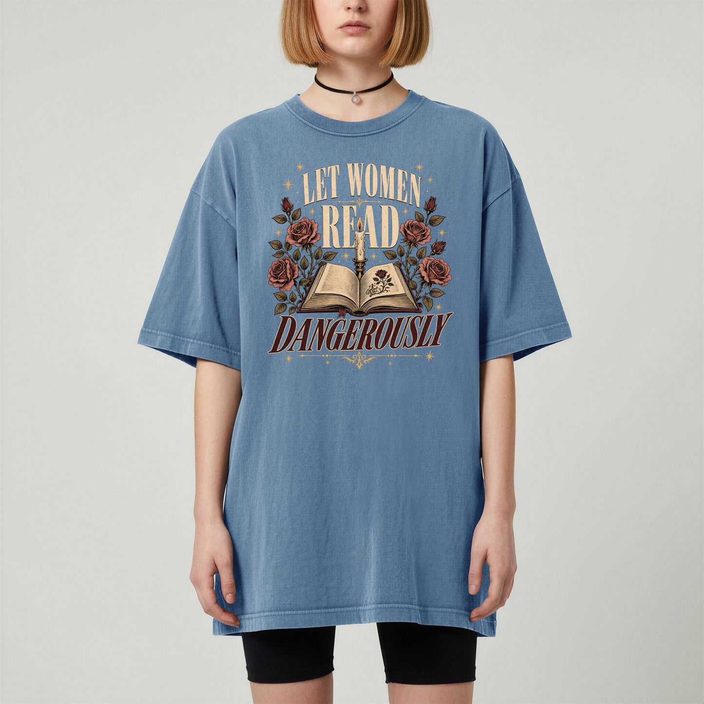 Let Women Read Dangerously bookish tee in Blue Jean, worn
