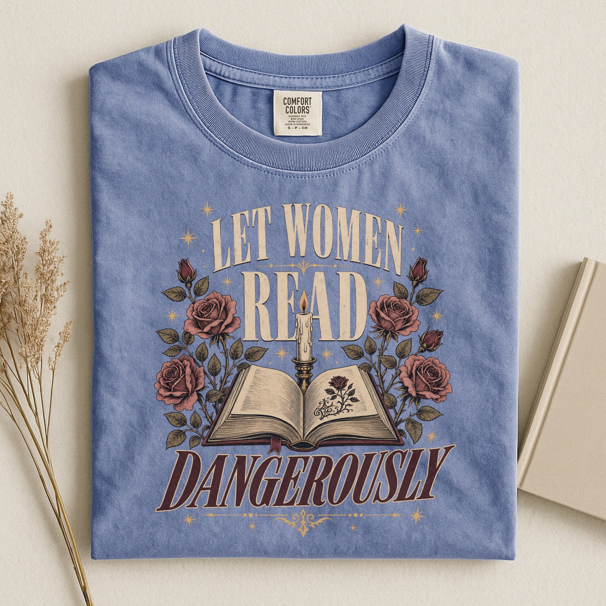 Let Women Read Dangerously bookish tee in Blue Jean, flat lay