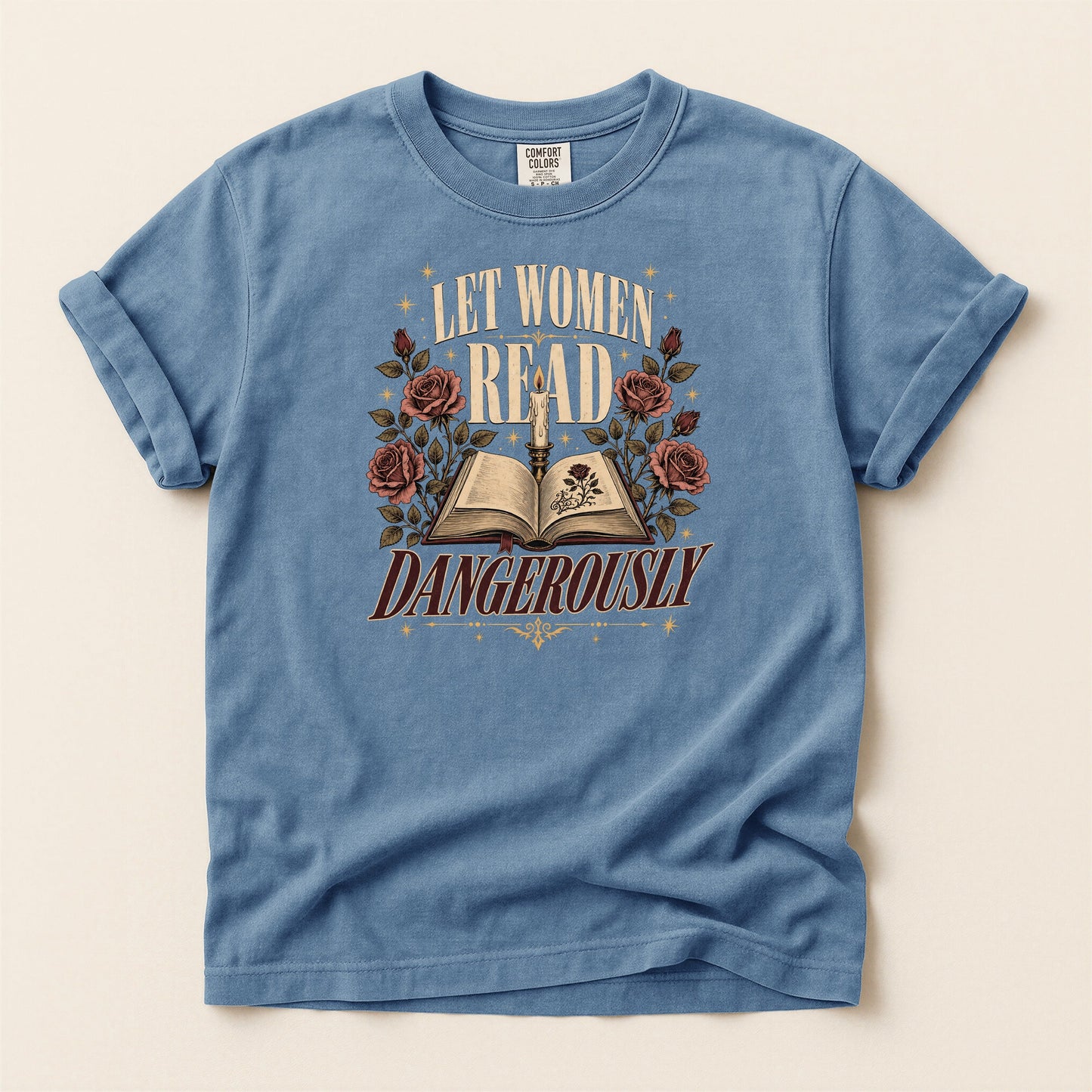 Let Women Read Dangerously bookish tee in Blue Jean, full flat